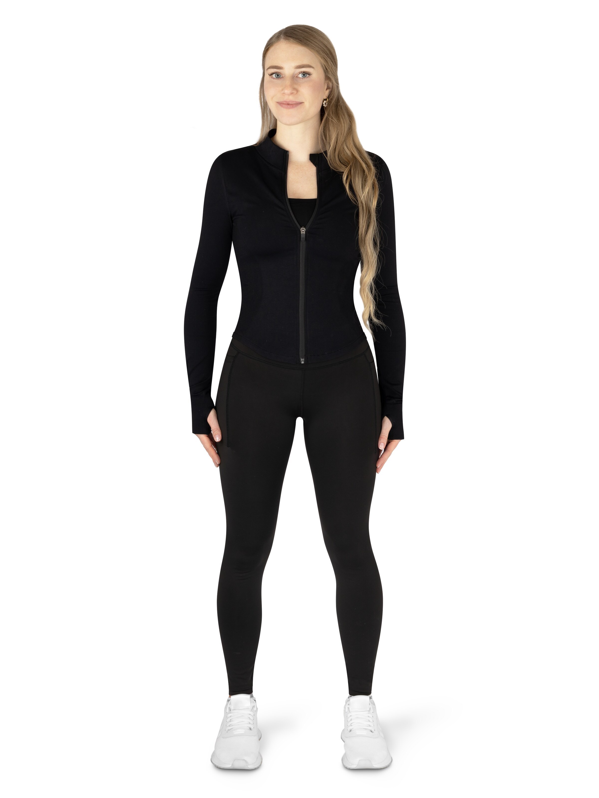 Circle Five Sports suit 'Scrunch Shape Trainings-Set (Push-Up Leggings, Zipper Shaping Jacke und Medium Support Sport-BH)' in Black: front