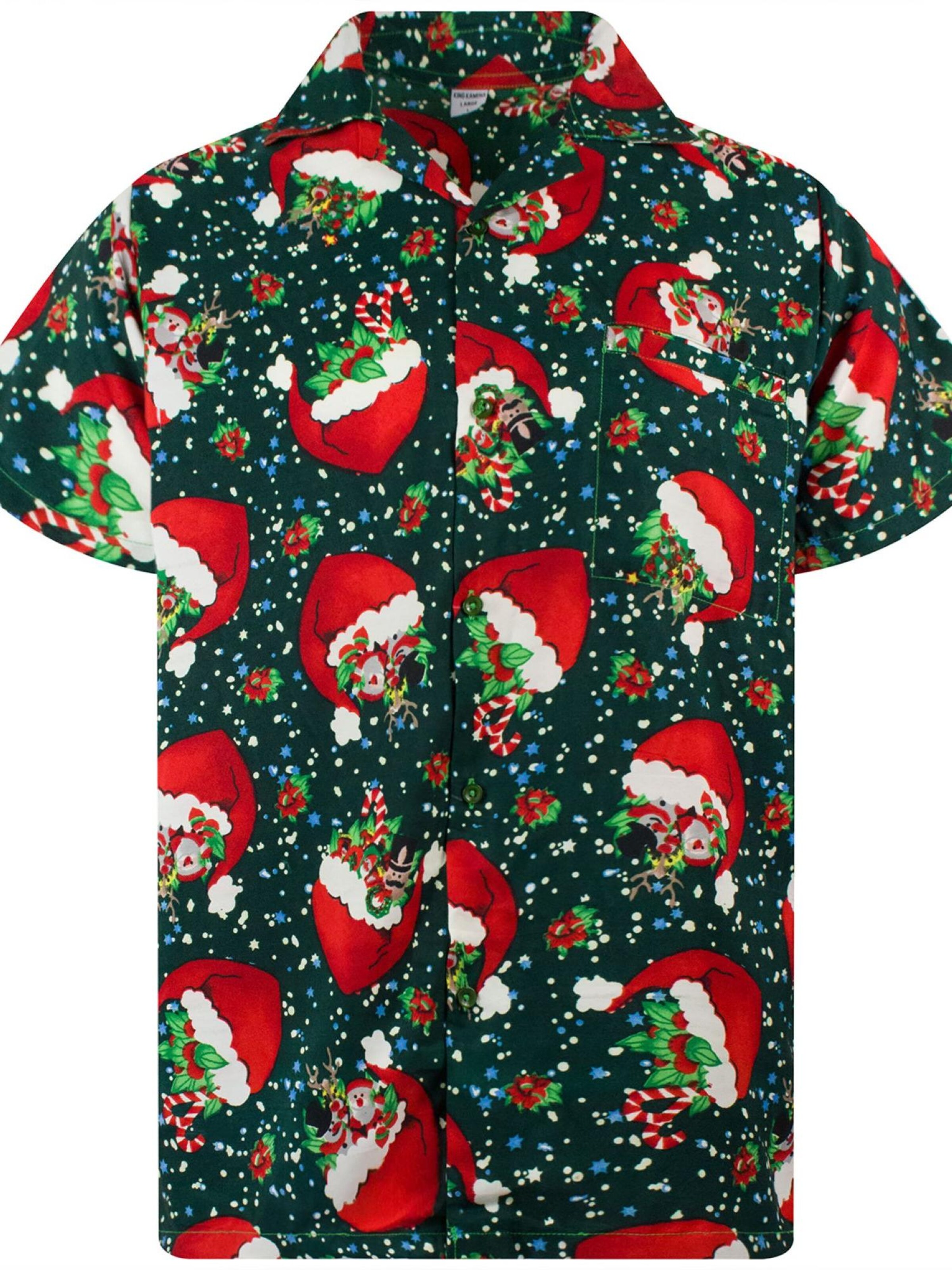 King Kameha Regular fit Button Up Shirt 'Christmas Flying Hats' in Green: front