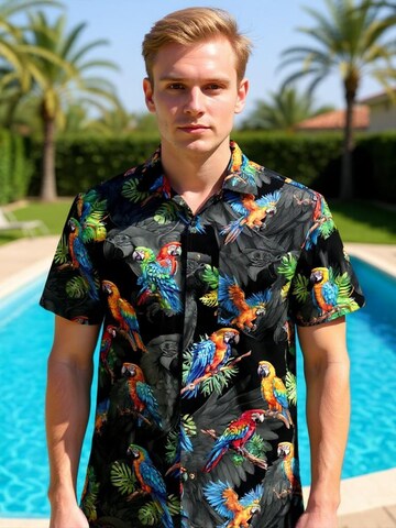 Hawaiihemdshop.de Regular fit Button Up Shirt 'Hawaiian Parrots' in Black
