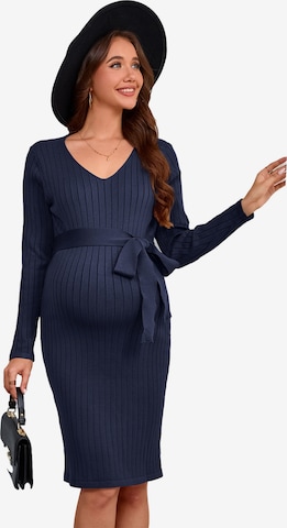 KoJooin Sukienka 'Umstandsstrickkleid mit V-Ausschnitt,Langarm und Taillengürtel – Bequemes Rippstrick-für Schwangere' w kolorze niebieski: przód