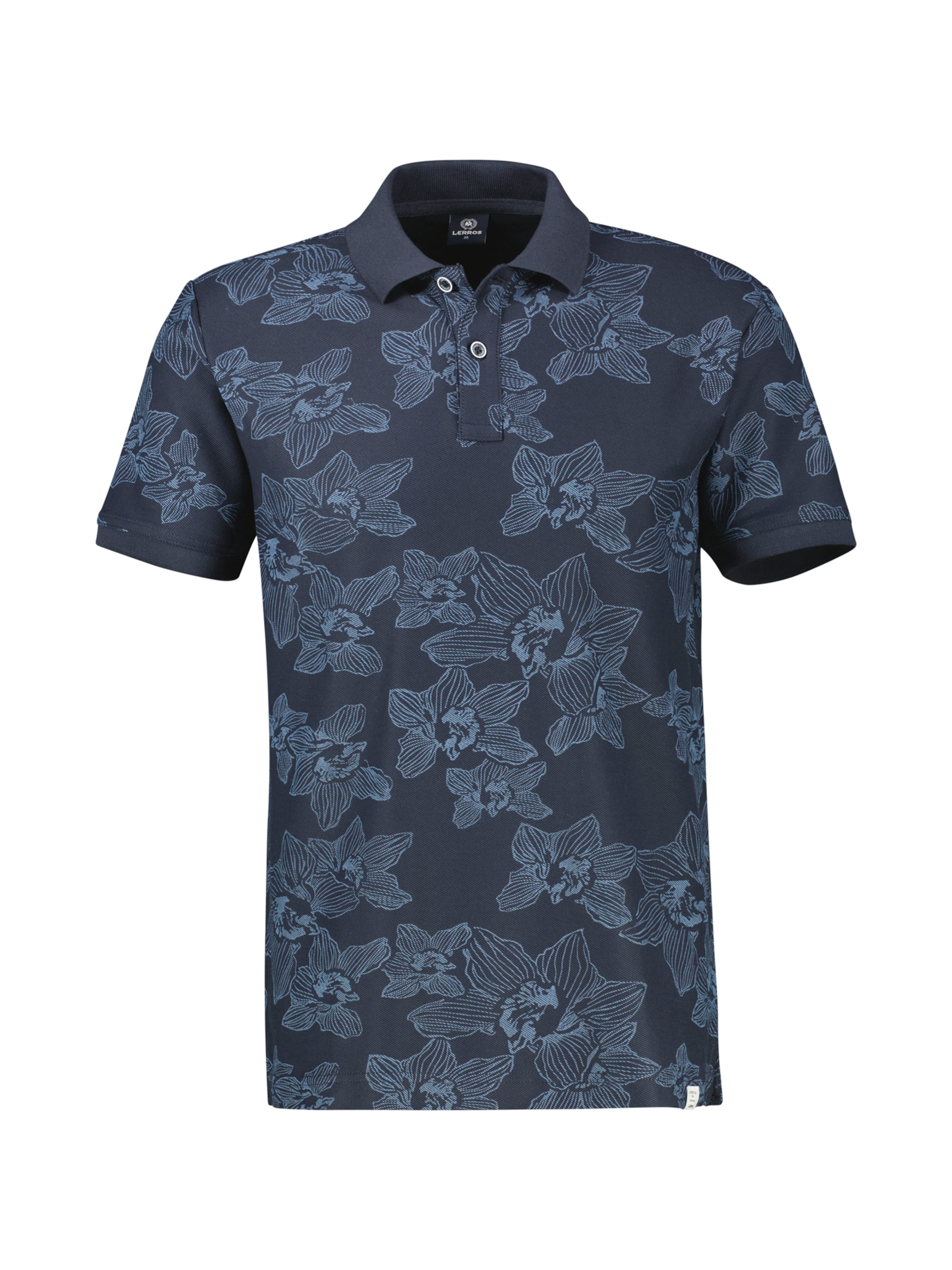 LERROS Poloshirt mit floralem Allover-Print und Flachstrickkragen in Blau: Vorderseite