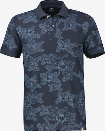 LERROS Poloshirt mit floralem Allover-Print und Flachstrickkragen in Blau: Vorderseite