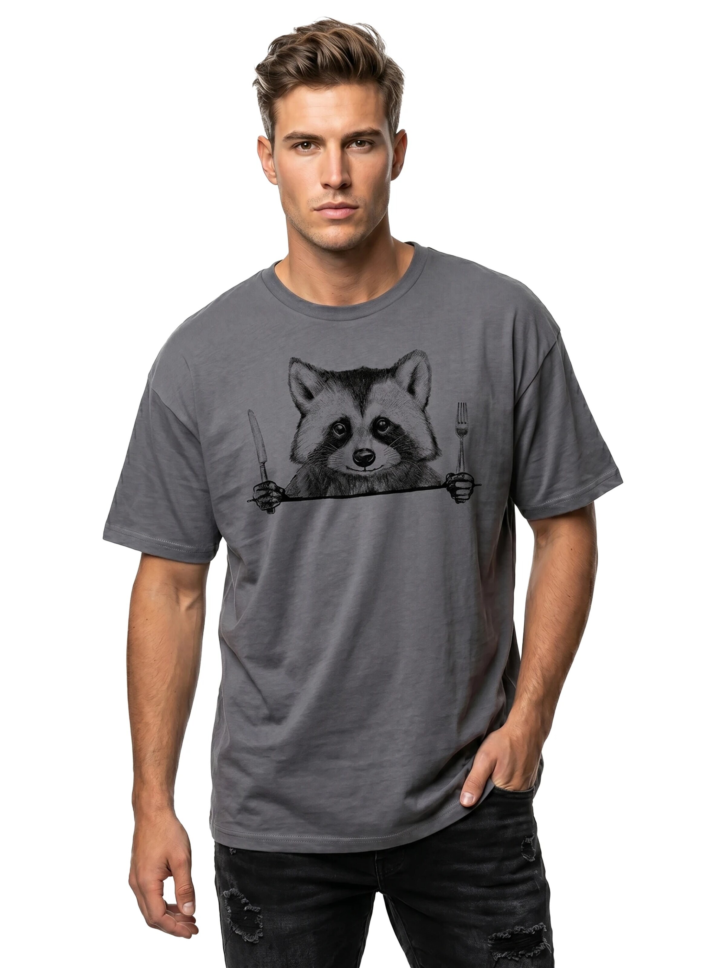 MAKAYA Shirt 'Waschbär Gabel' in Grey