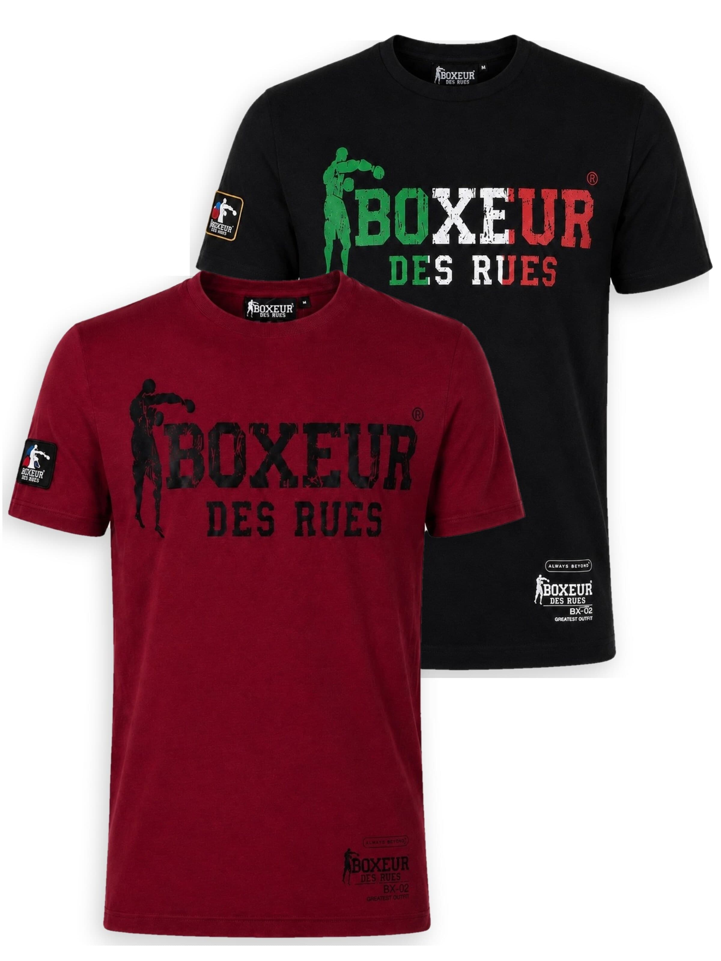 Boxeur des Rues - Camiseta 'Herren T-Shirt 2er-Pack Boxeur des Rues Slim Fit: Bordeaux, Logo schwarz + Schwarz, Logo dreifarbig' en Mezcla de colores: frente