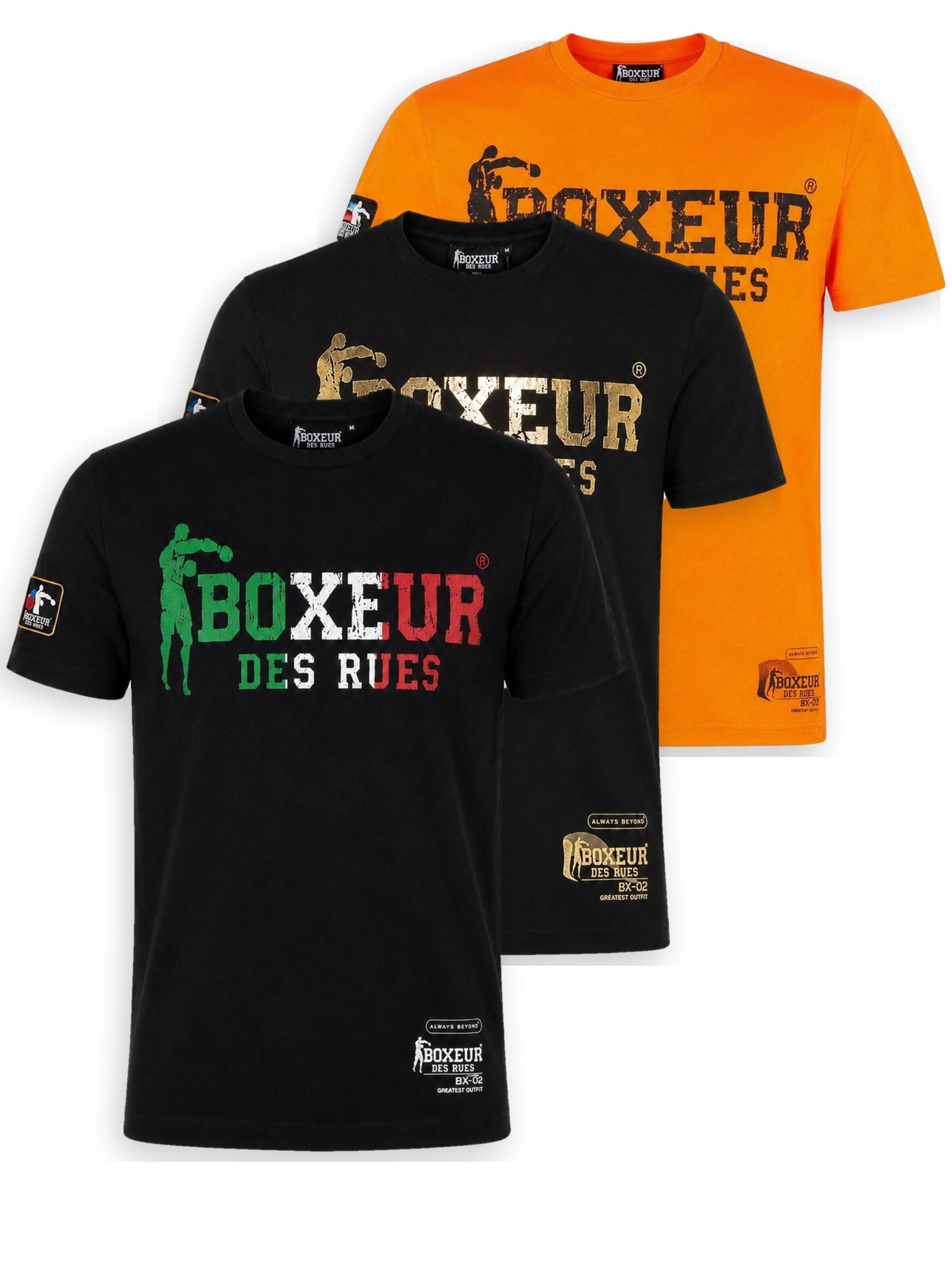 Boxeur des Rues Shirt 'Herren T-Shirt 3er-Pack Boxeur des Rues Slim Fit: Schwarz, Dreifarbiges Logo + Schwarz, Goldenes Logo + Orange'‌‌‌‌‌‌‌‌ in M/Regular in mischfarben, Produktansicht