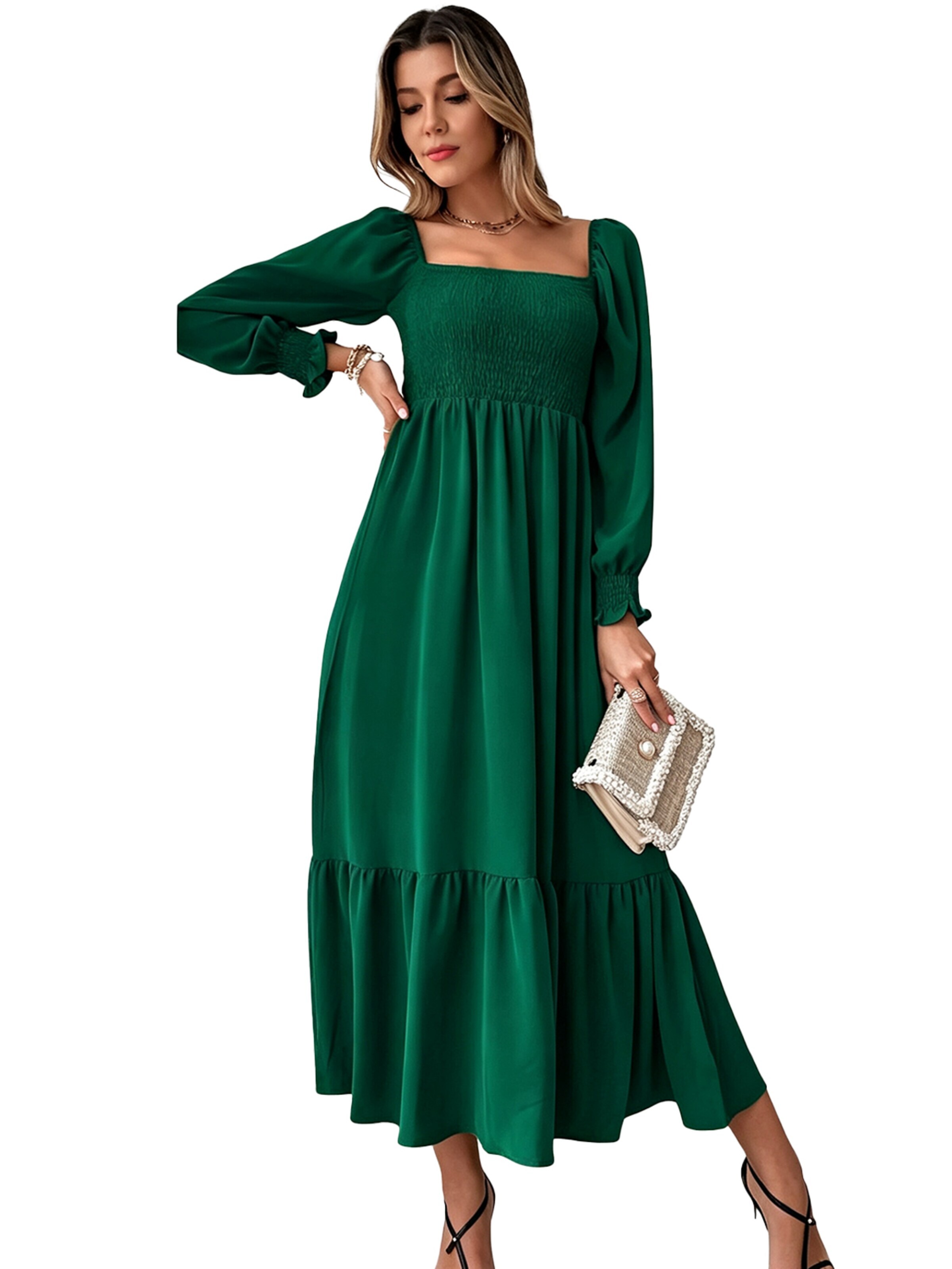 KoJooin Dress 'Damen Enganliegendes Kleid mit Quadrat-Ausschnitt – Langarm, Hohe Taille und Verspielten Rüschen' in Green