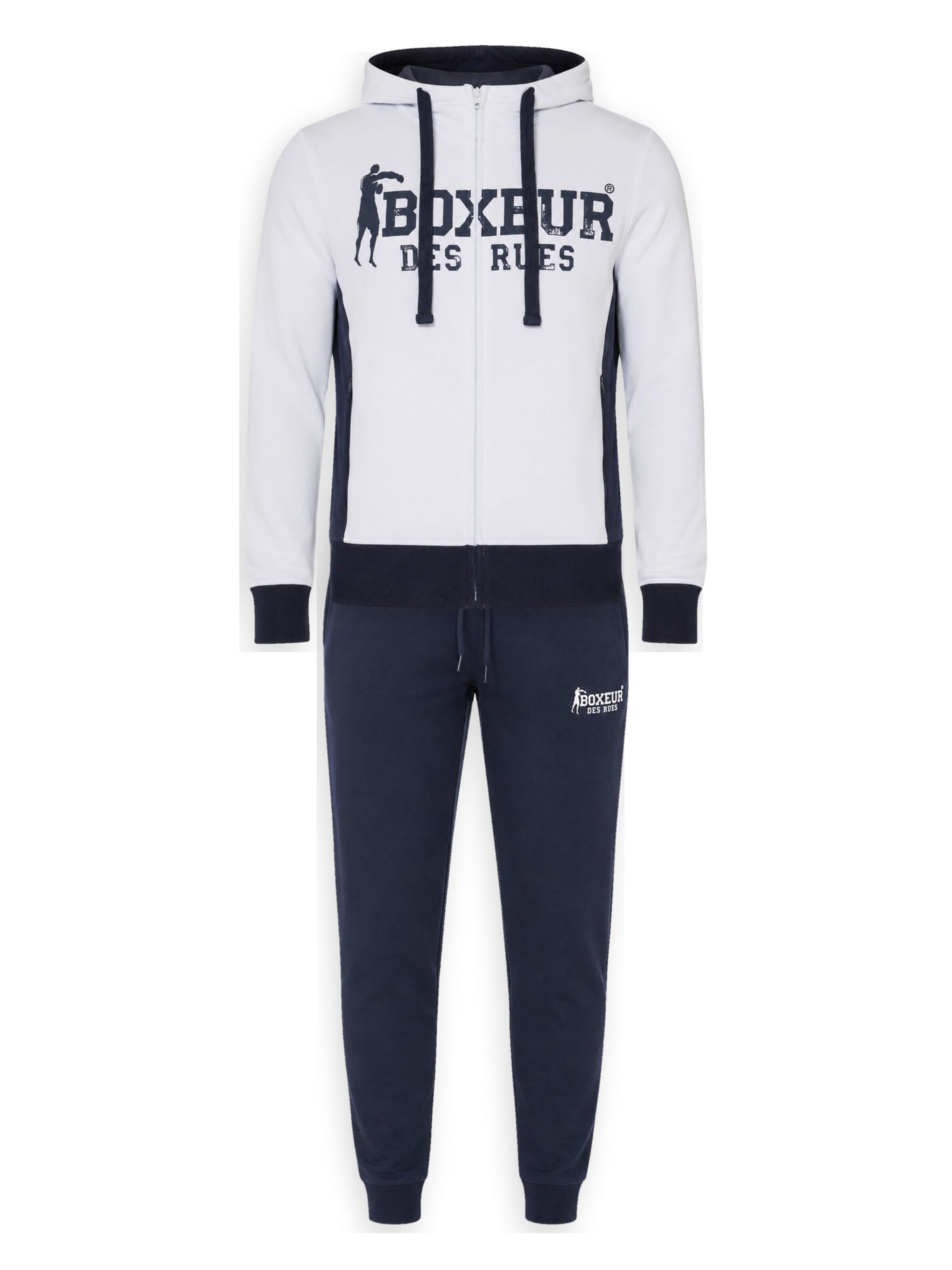 Boxeur des Rues Hausanzug 'Herren Set Boxeur des Rues: Fitted Hoodie mit Reißverschluss Weiß mit Marineblau + Jogginghose Marineblau, Weißes Logo'‌‌‌‌‌‌‌‌‌‌ in XS in weiß, Produktansicht