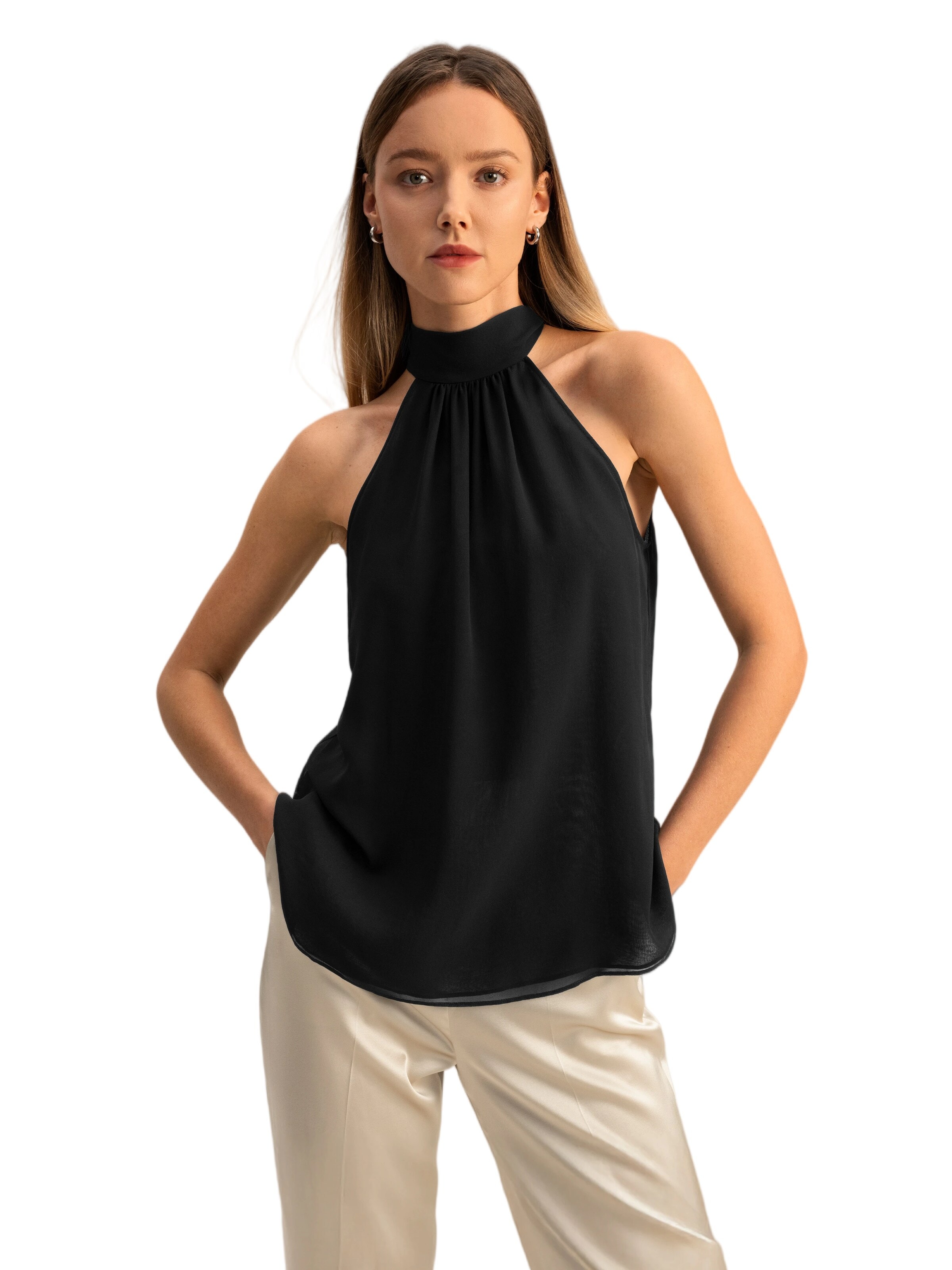 Lilysilk - Blusa 'Seidengeorgette Top mit Neckholder' en negro