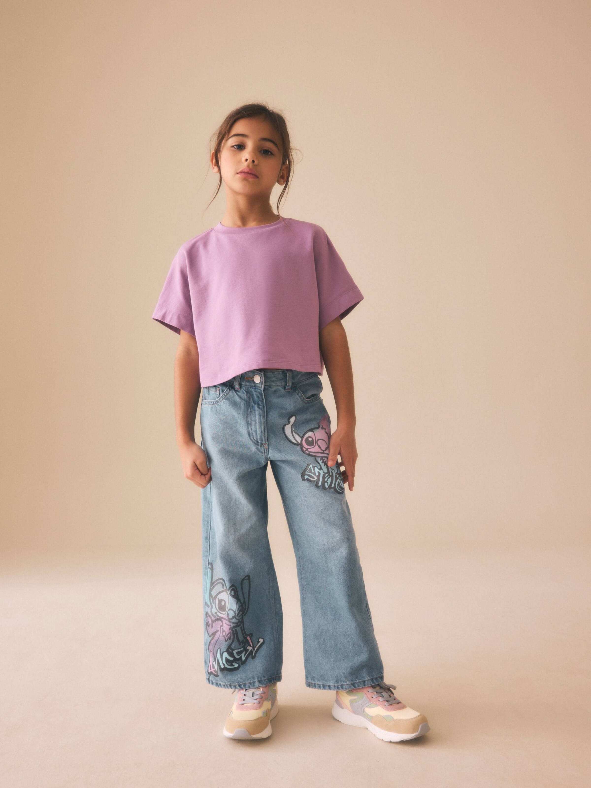 【美品】　na.e Stitch Wide Jeans Sサイズ Next Wide leg Jeans 'Disney Lilo & Stitch' pe Albastru Denim