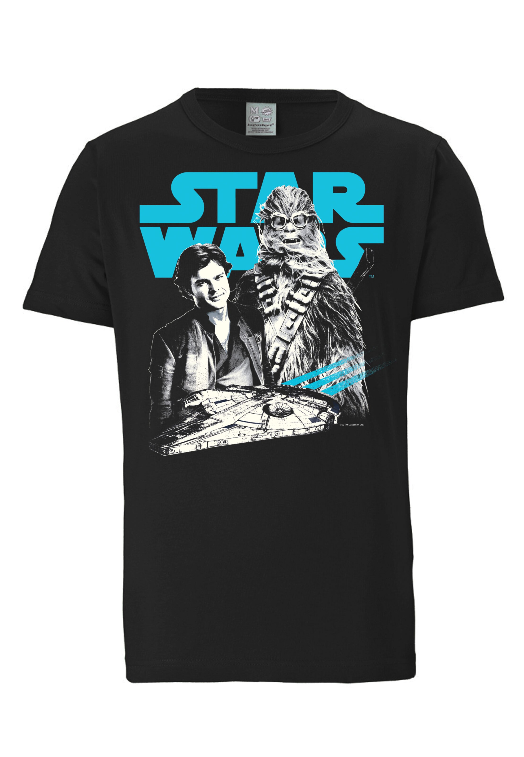 LOGOSHIRT Shirt 'Star Wars: Solo - Han Solo & Chewbacca' in Zwart: voorkant