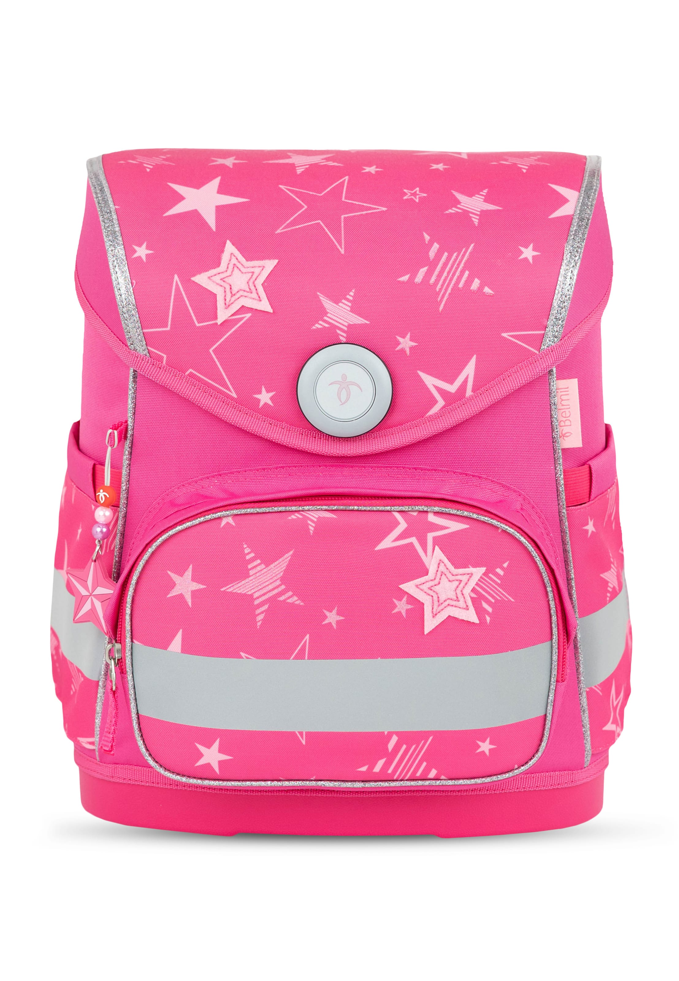 Belmil Compact Ergonomisches Schulranzen-Set 5 Teile mit Brustgurt, Magnetverschluss, 3 St. Patch in Pink: Vorderseite