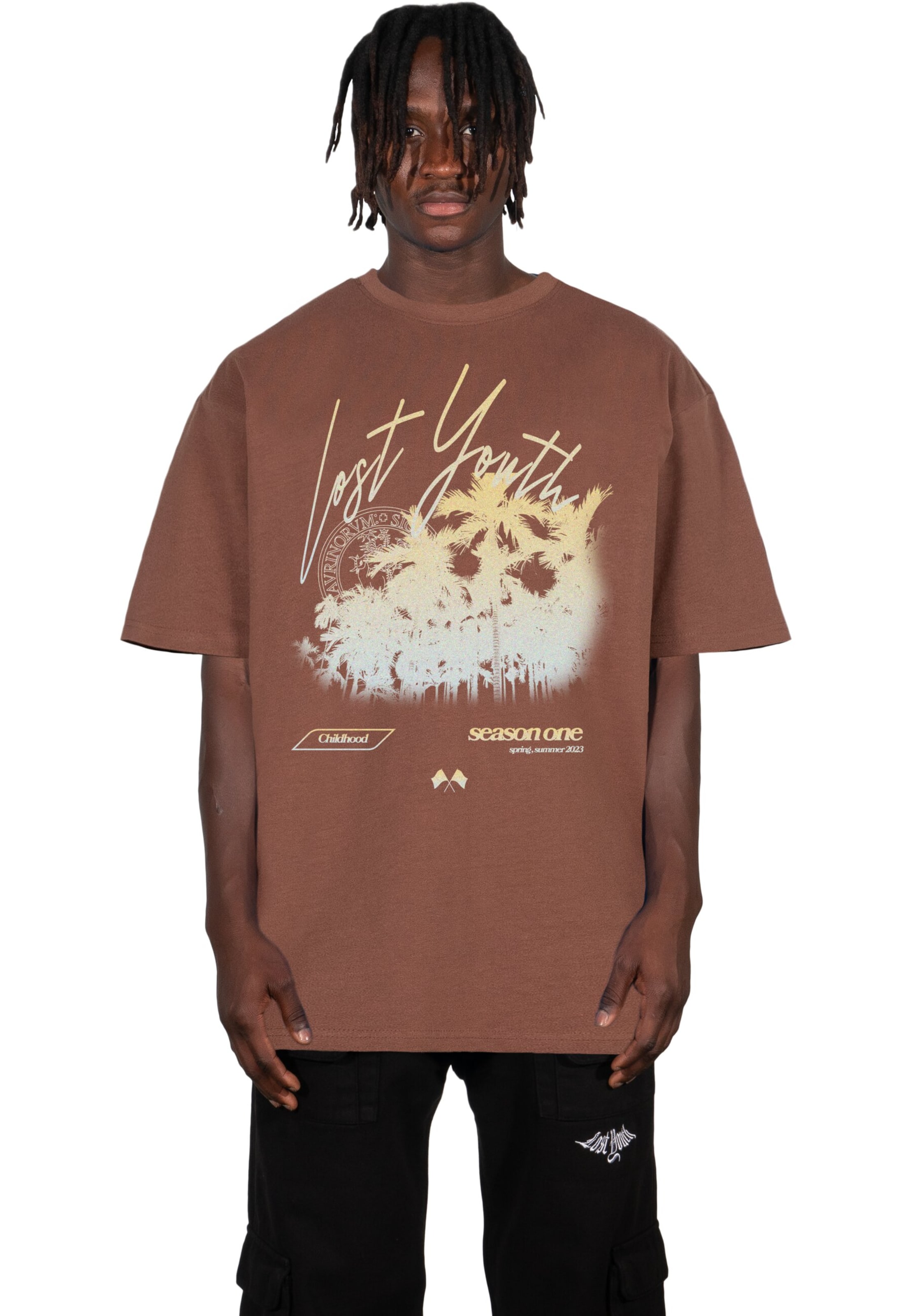 Lost Youth Tričko 'Palm' – hnědá: přední strana