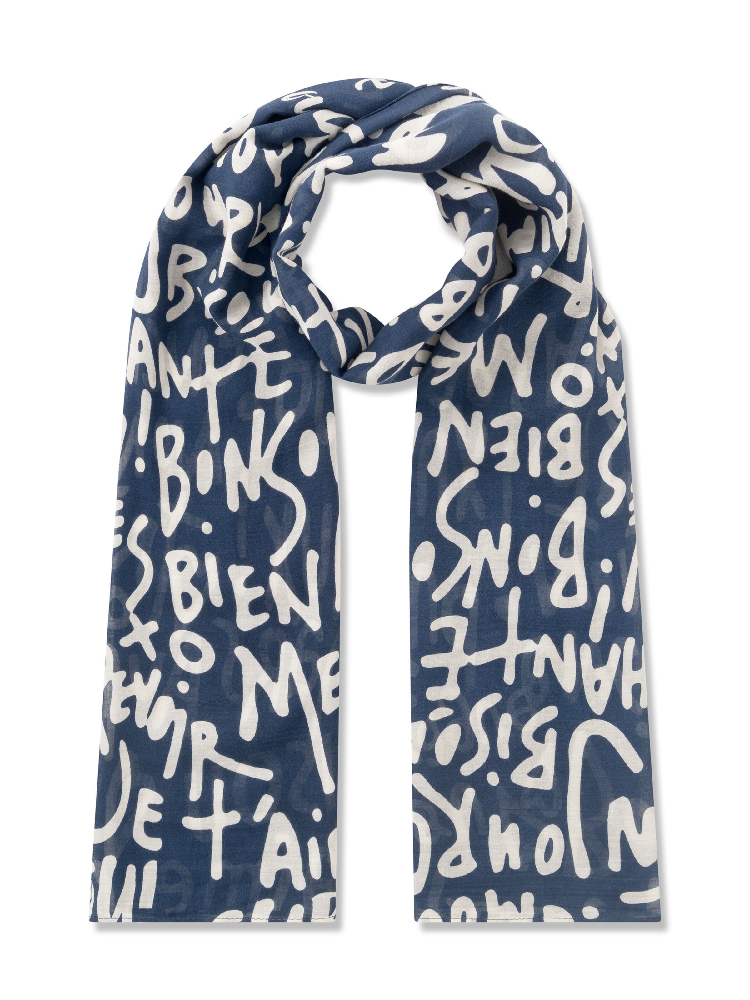 CODELLO Schal  mit französischen Typo-Prints in Blau: Vorderseite