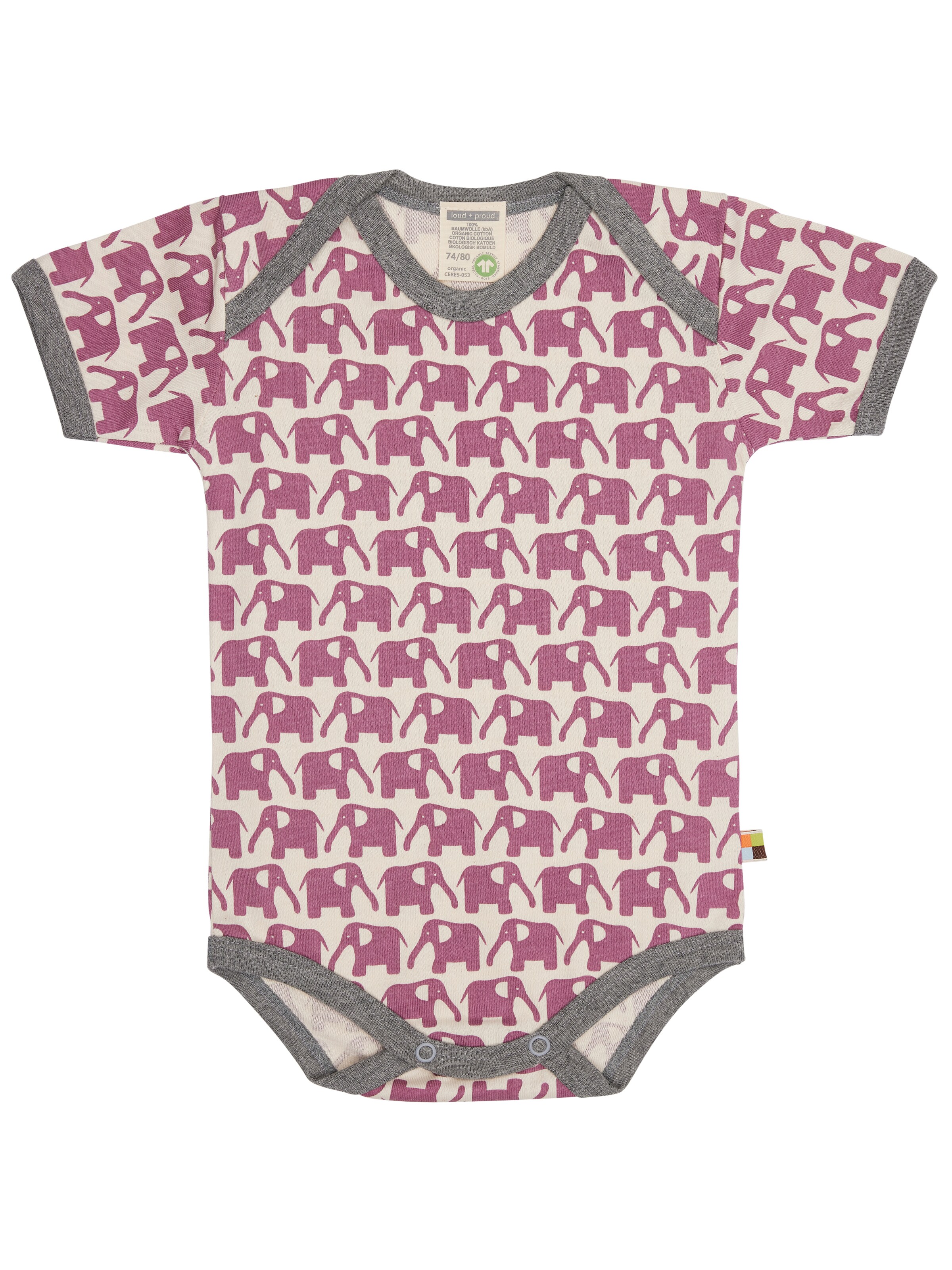 loud + proud Strampler/Body 'Elefanten'‌‌‌‌‌‌‌‌‌ in Lila: Vorderseite