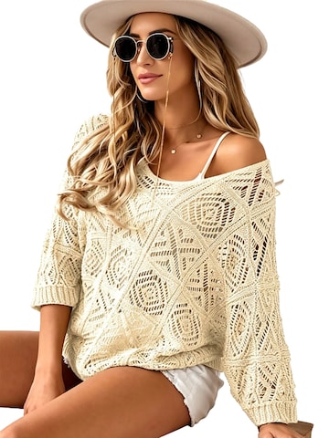 KoJooin Sweter 'Damen Häkelpullover mit V-Ausschnitt – Off-Shoulder Design, 3/4-Ärmel und Feinem Lochmuster' w kolorze pomarańczowy