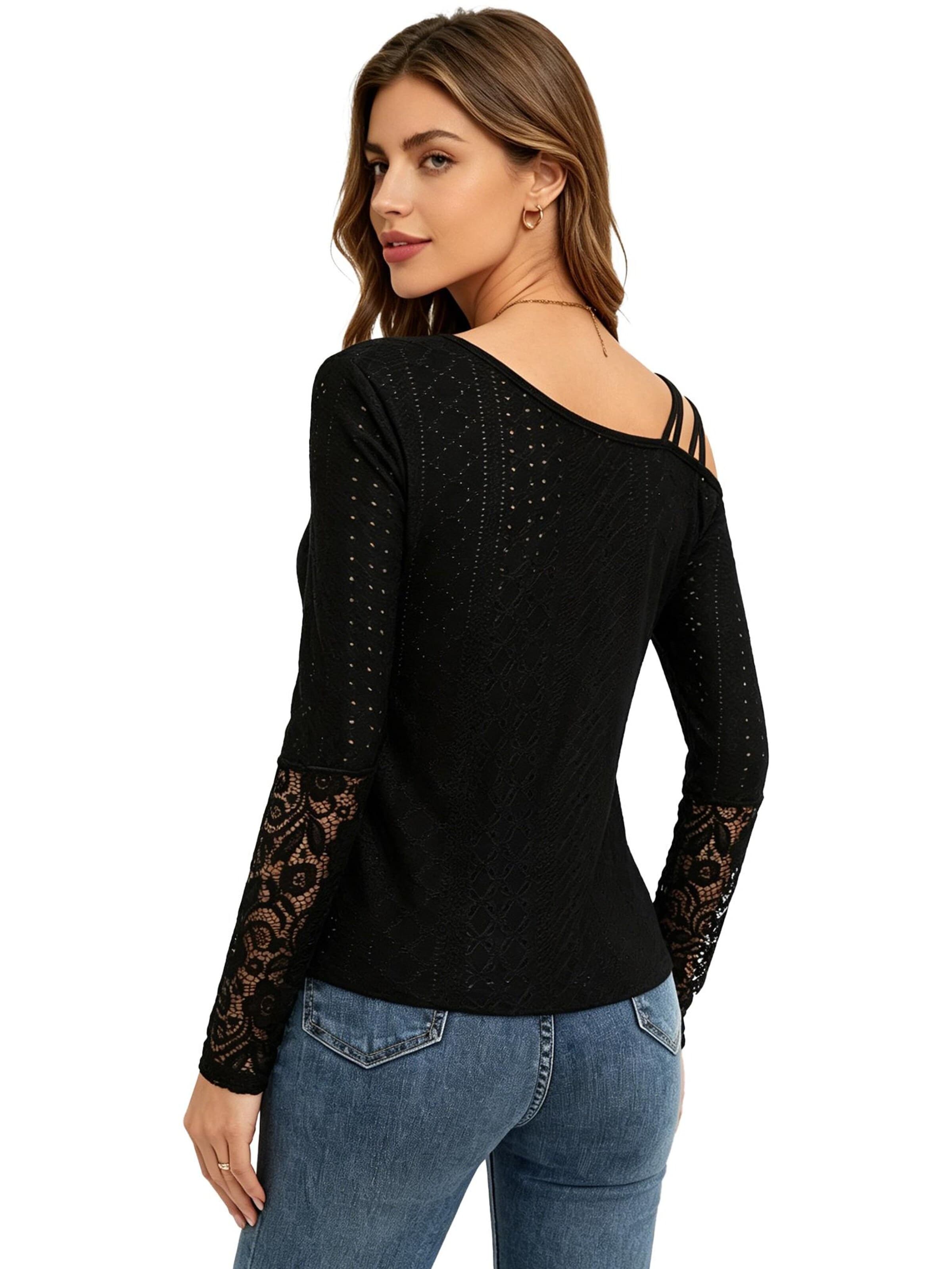 KoJooin Shirt 'Damen Langarmtop Mit Asymmetrischem Off-Shoulder Design Und Spitzenbesatz'‌‌‌‌‌‌‌ in Schwarz