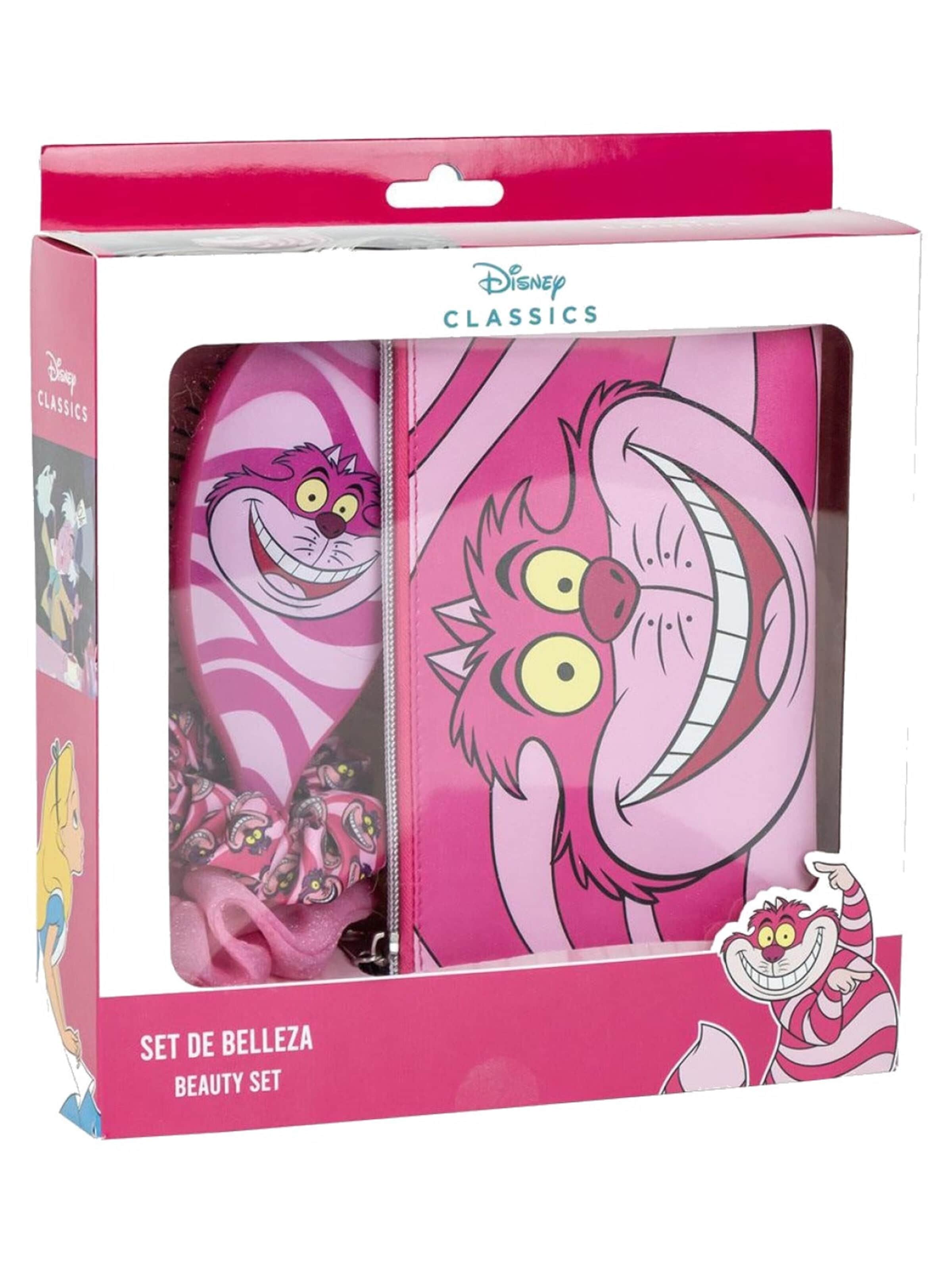 DISNEY Set 'Alice in Wonderland Cheshire Cat Beauty Set Haarborstel Scrunchies Toilettas' in Roze: voorkant