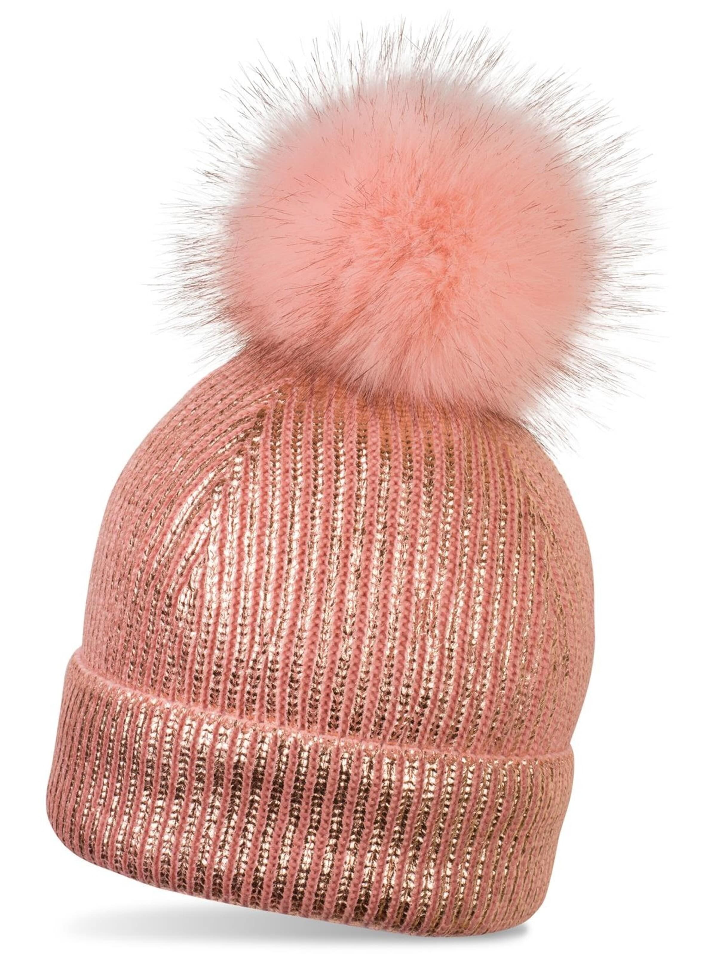 styleBREAKER Mütze 'Metallic Winter Strick Bommelmütze'‌‌‌‌‌‌‌‌‌‌ in 56-61 in rosa, Produktansicht