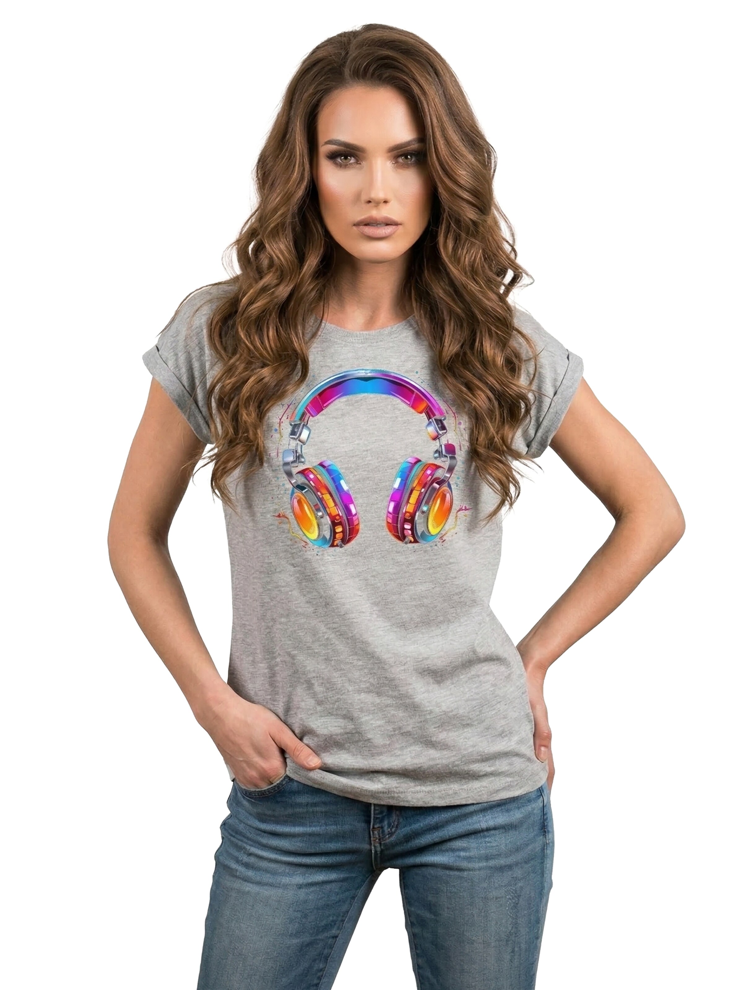 MAKAYA Shirt 'Kopfhörer Bunt' in Grey: front