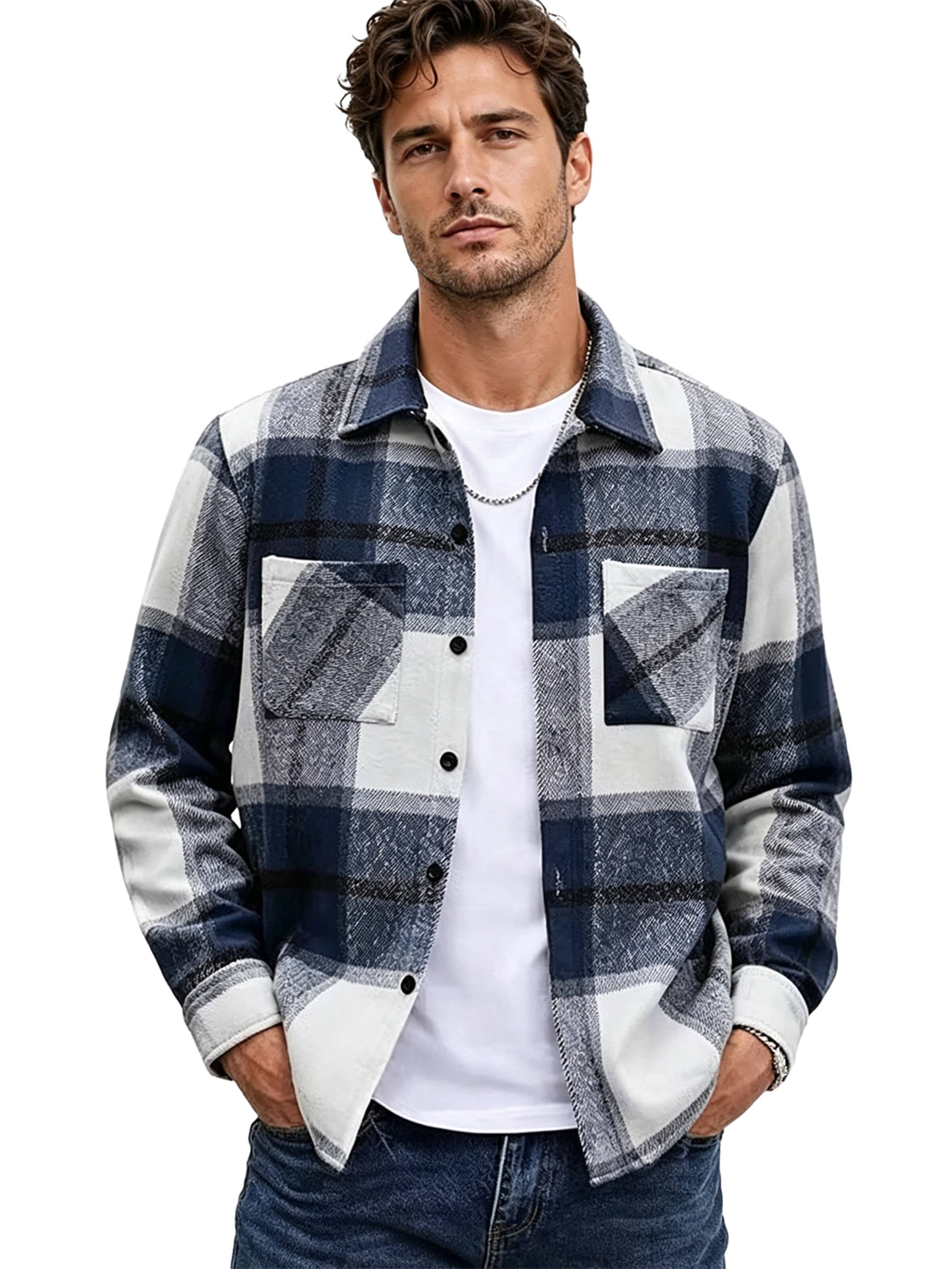 KoJooin Płaszcz przejściowy 'Herren Flanelljacke mit verstärktem Stoff Lässige, modische Karo-Hemdjacke für Arbeit und Freizeit' w kolorze niebieski