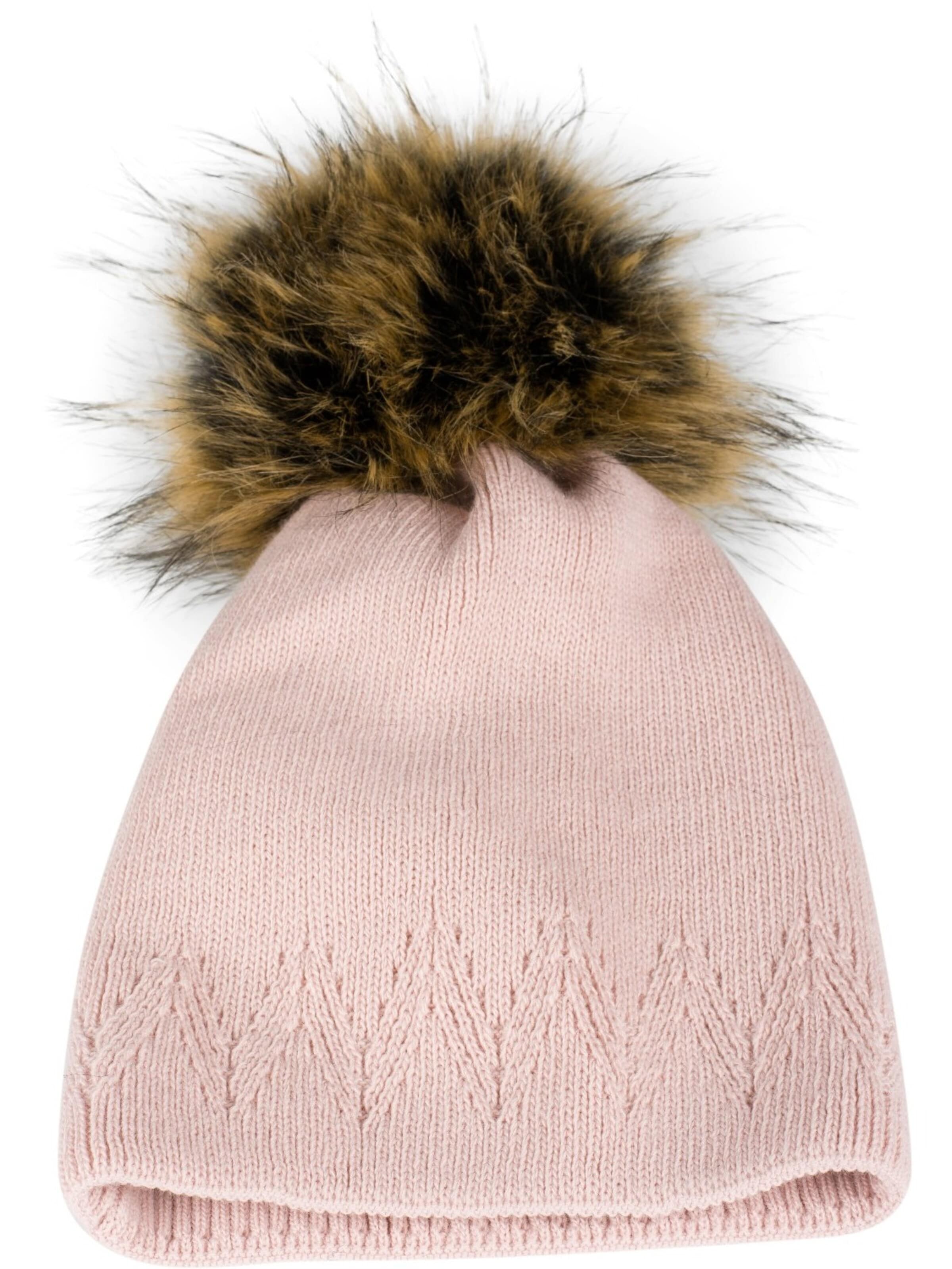 styleBREAKER Mütze 'Strick Bommelmütze mit Zacken Muster'‌‌‌‌‌‌‌ in Pink