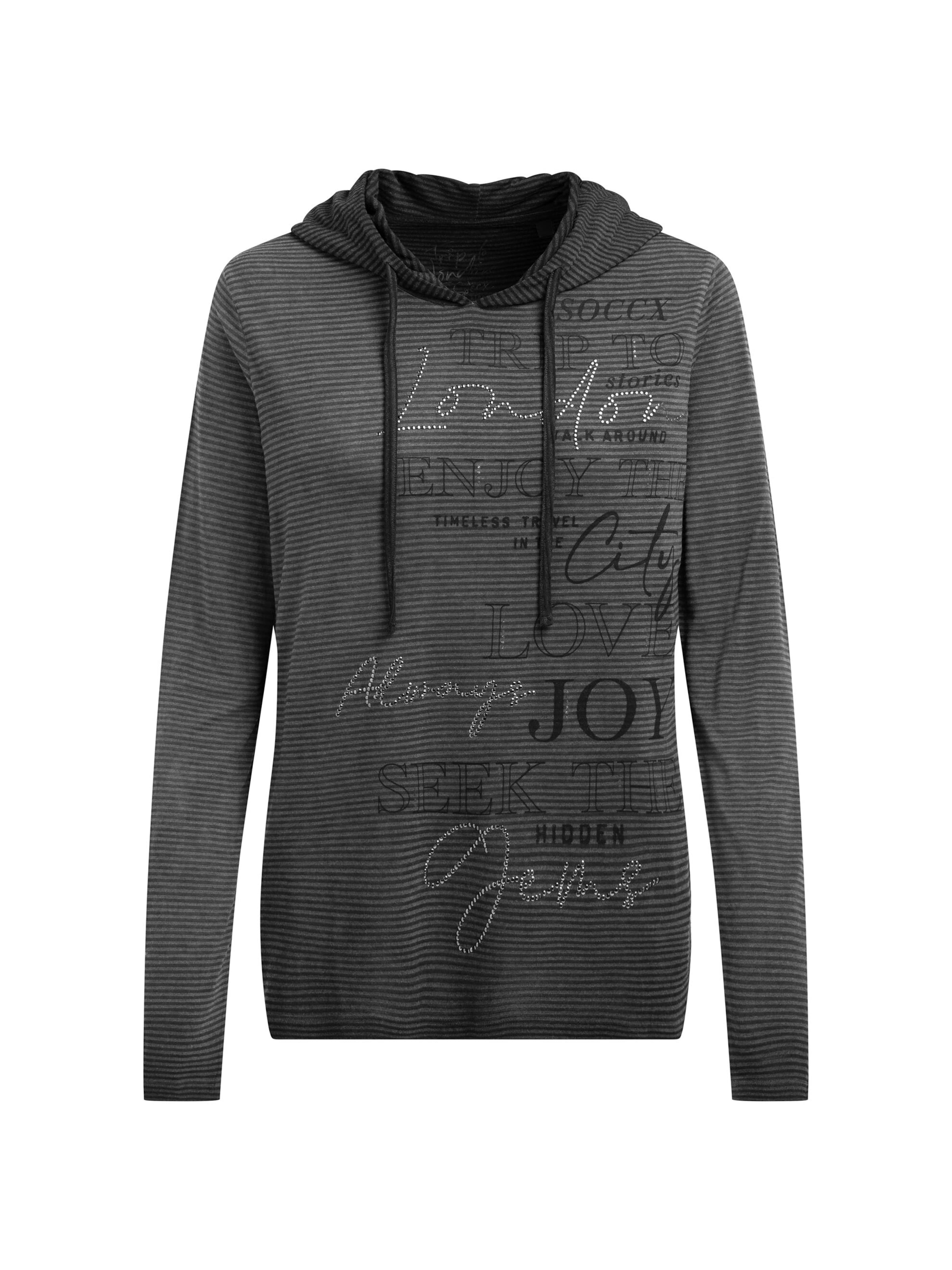 Soccx Gestreiftes Kapuzenshirt mit  Print und Schmucksteinen in Schwarz: Vorderseite