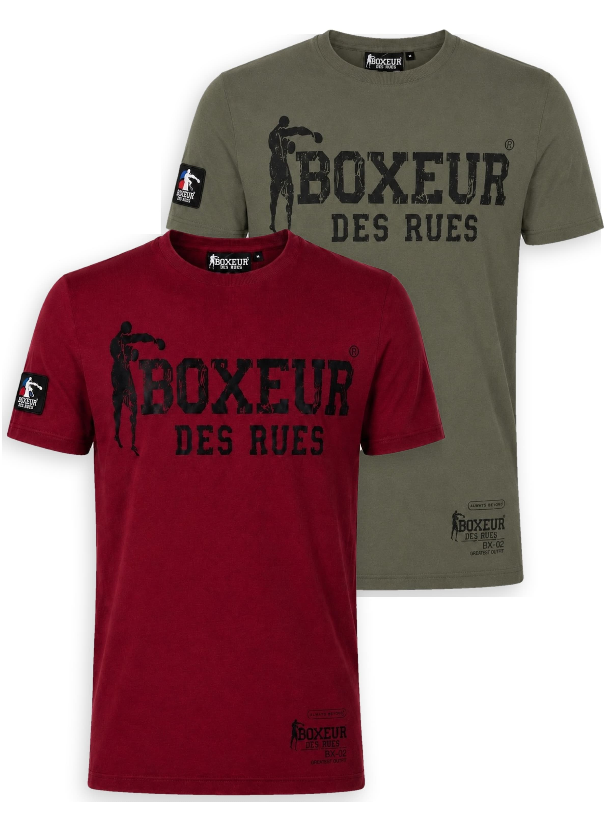 Boxeur des Rues - Camiseta 'Herren T-Shirt 2er-Pack Boxeur des Rues Slim Fit: Bordeaux, Schwarzes Logo + Oliv, Schwarzes Logo' en Mezcla de colores: frente
