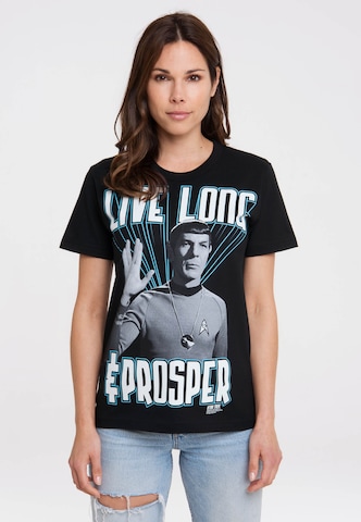 LOGOSHIRT Shirt 'Star Trek - Spock, Live Long' in Zwart: voorkant