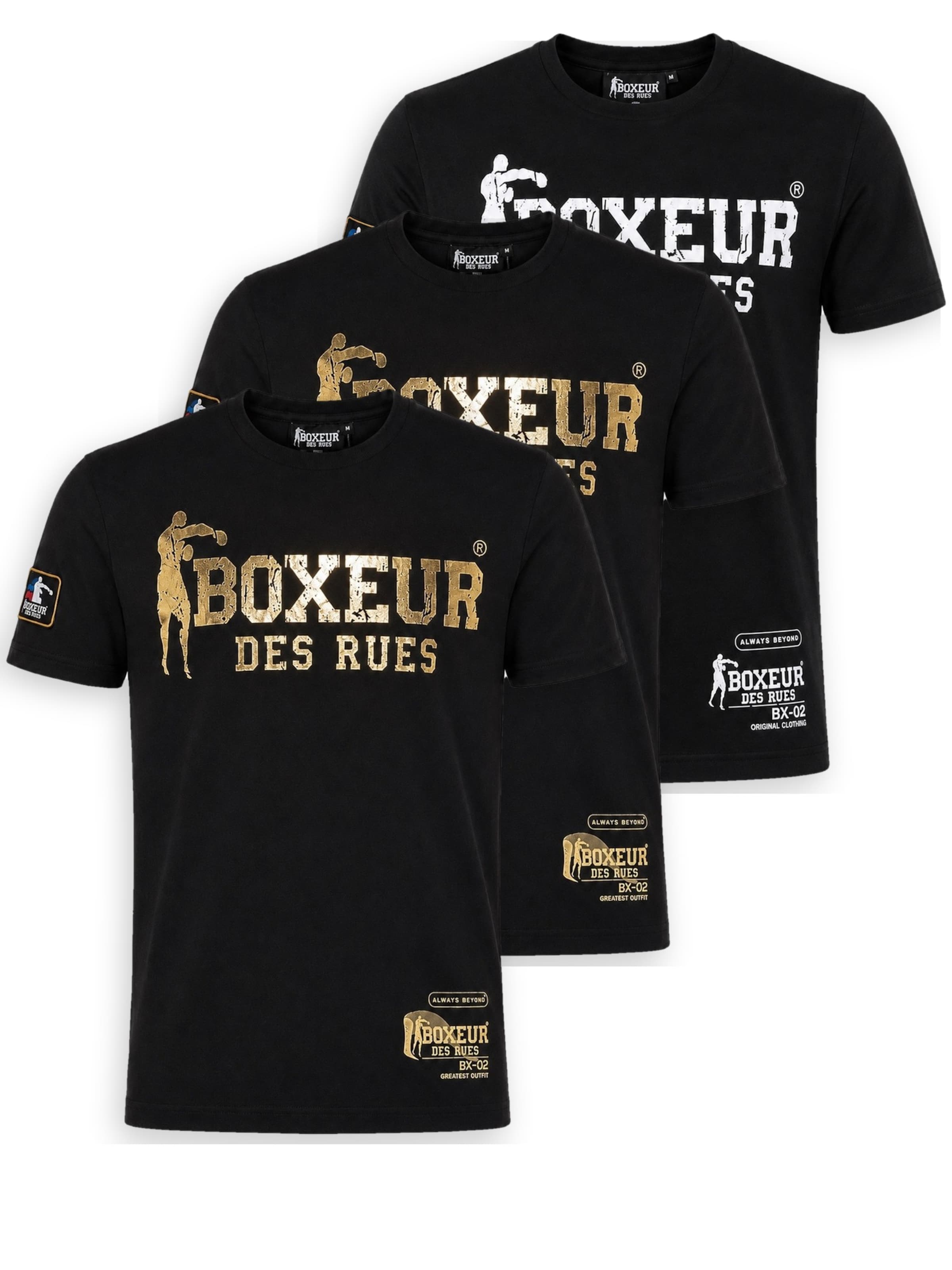 Boxeur des Rues Shirt 'Herren T-Shirt 3er-Pack Boxeur des Rues Slim Fit: Schwarz, Weißes Logo + 2 x Schwarz, Goldenes Logo'‌‌‌‌‌‌‌ in Schwarz: Vorderseite