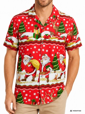 King Kameha Regular fit Button Up Shirt 'Christmas Border Print' in Red