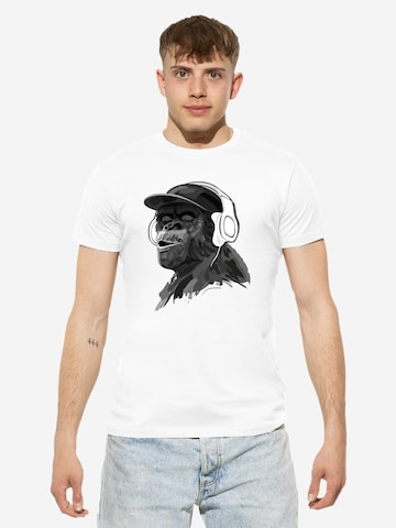 Cotton Prime Shirt 'Monkey mit DJ-Kopfhörer' in Wit: voorkant