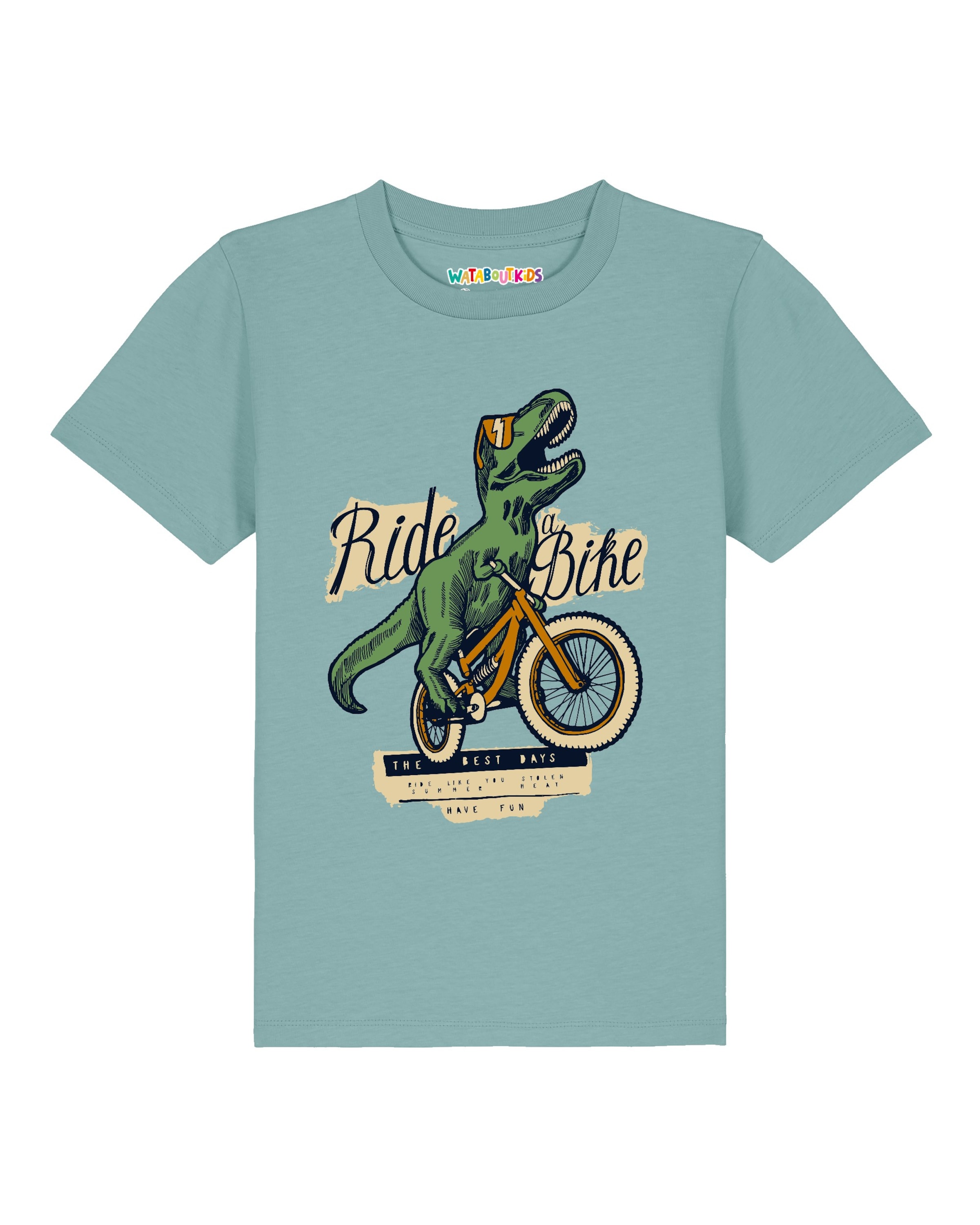 watabout.kids Shirt 'T-Rex Fahrrad' in Blauw: voorkant
