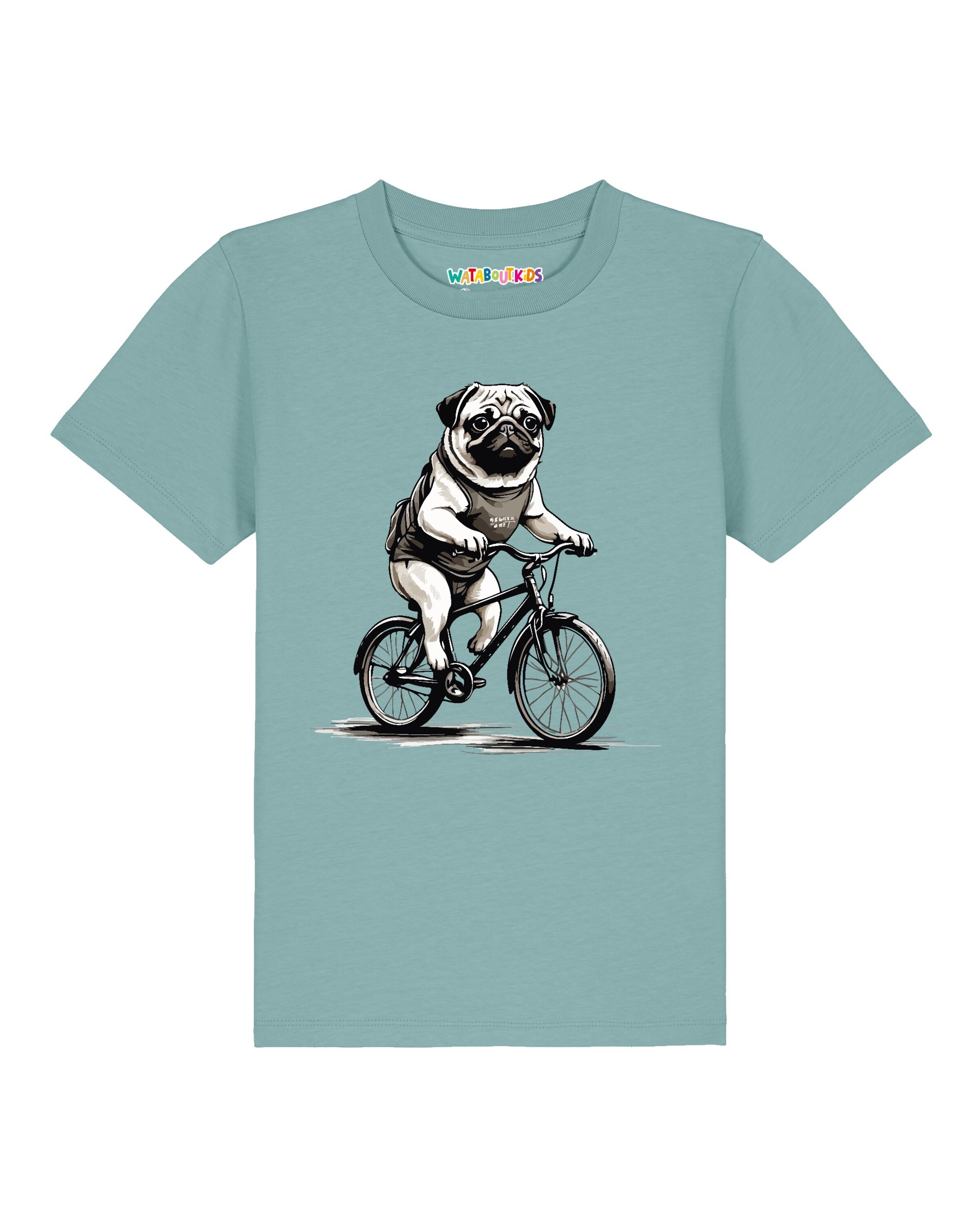 watabout.kids Shirt ' Mops auf Fahrrad ' in Blauw: voorkant