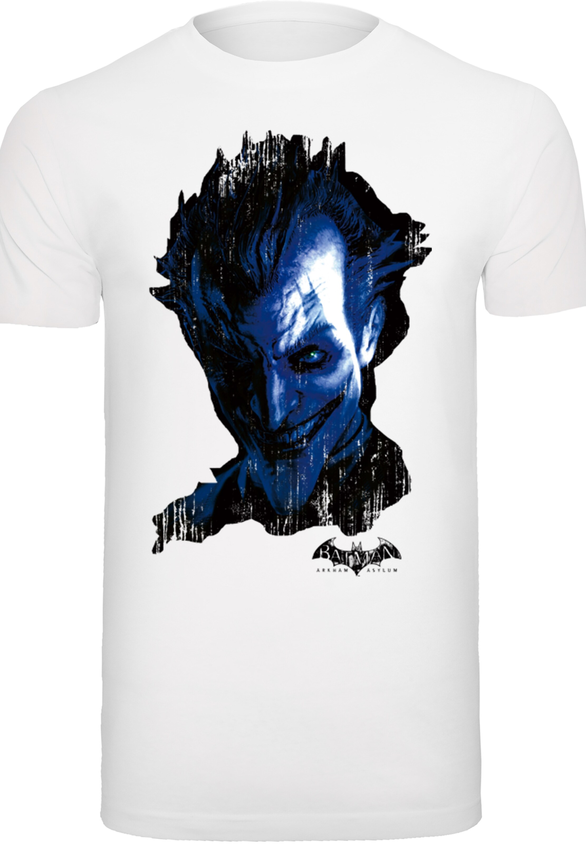 F4NT4STIC Shirt 'DC Comics Batman Arkham Asylum Joker Face Distress' in White: front