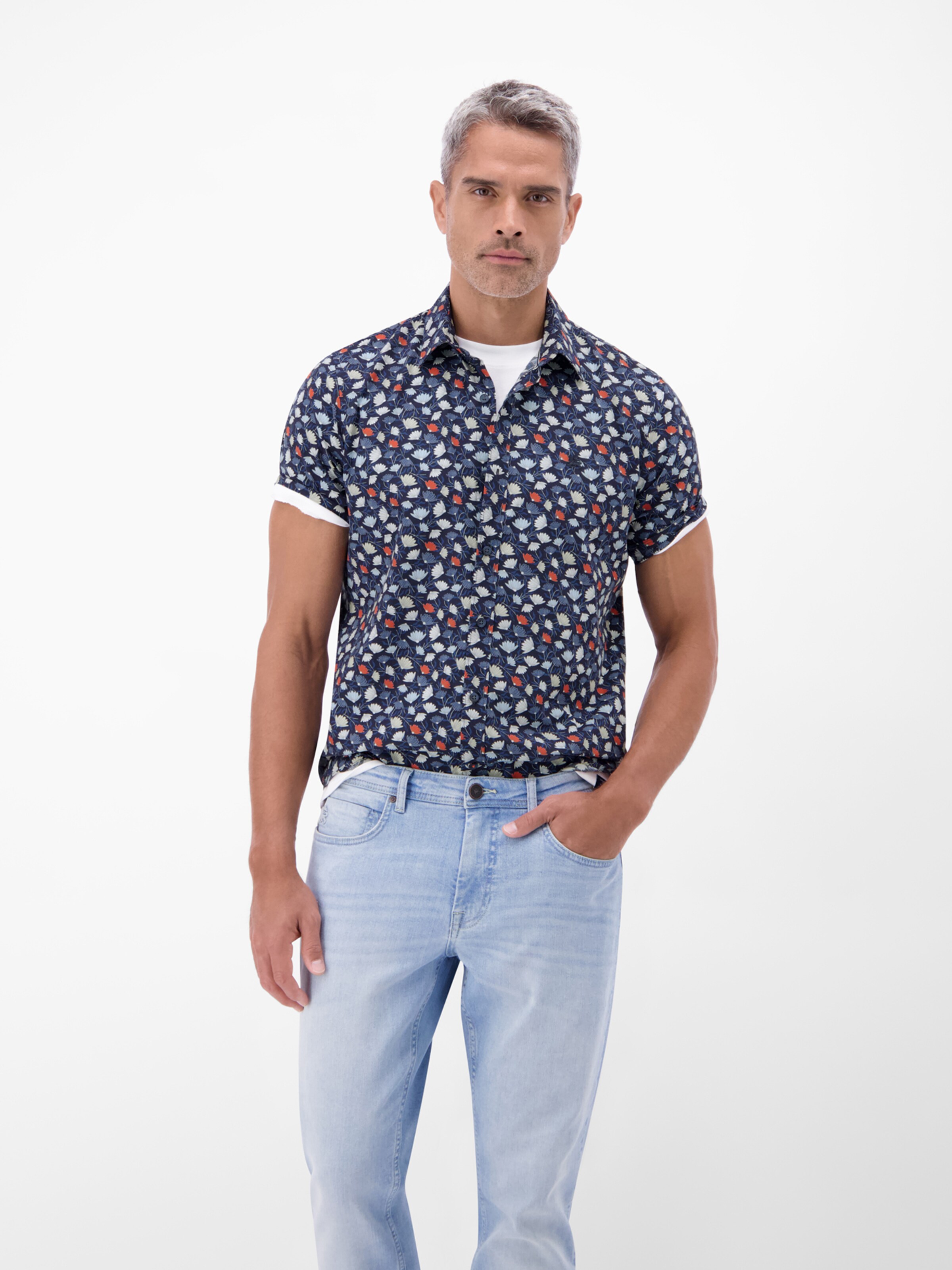 LERROS Regular Fit Floral bedrucktes Kurzarmhemd, 100 % Baumwolle in Blau: Vorderseite