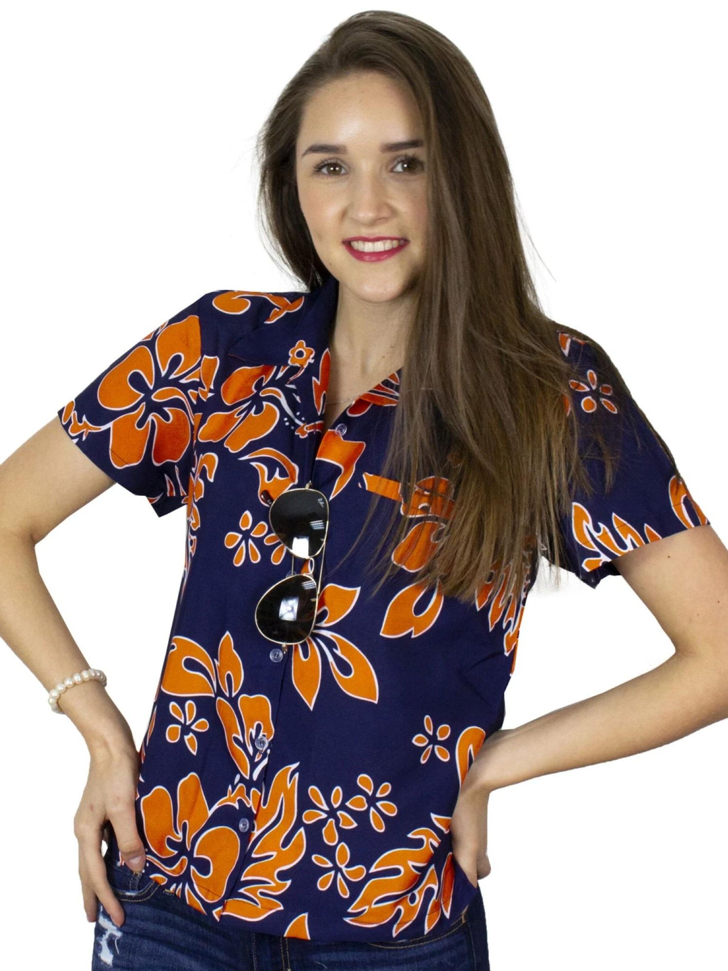 Camicia da donna 'Hibiscus Blue Line' di King Kameha in arancione