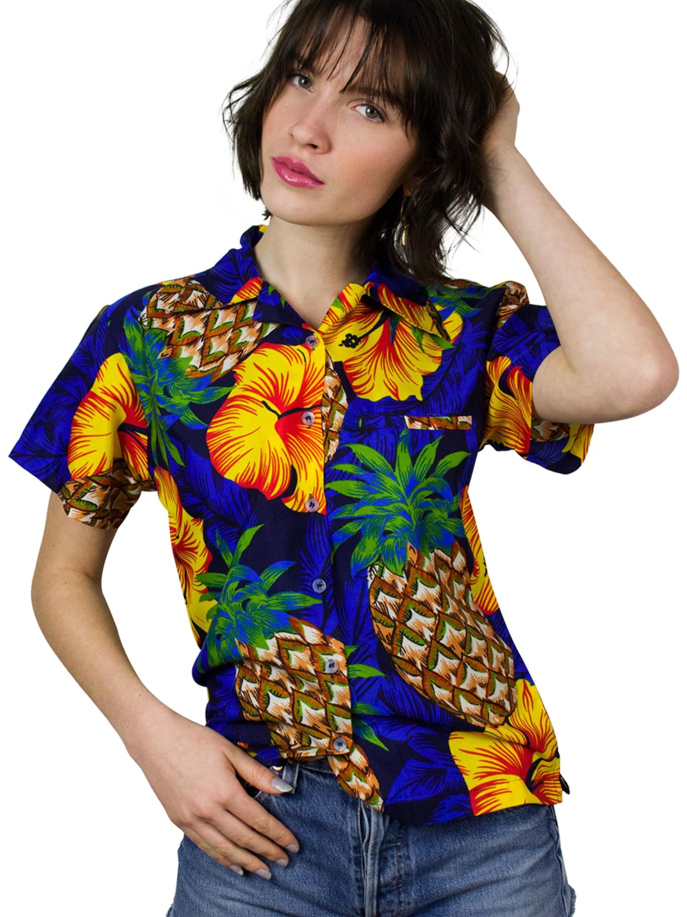 King Kameha Bluse 'Pineapple Hibiscus'‌‌‌‌‌‌‌ in Blau: Vorderseite