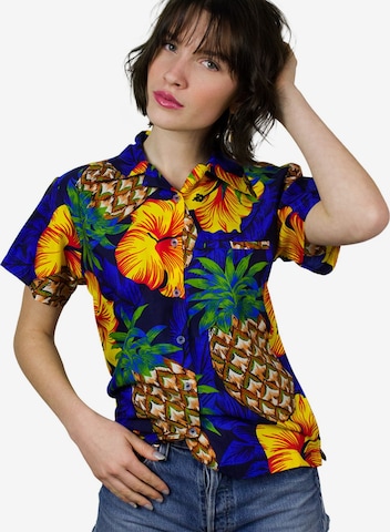 King Kameha Bluse 'Pineapple Hibiscus' in Blau: Vorderseite
