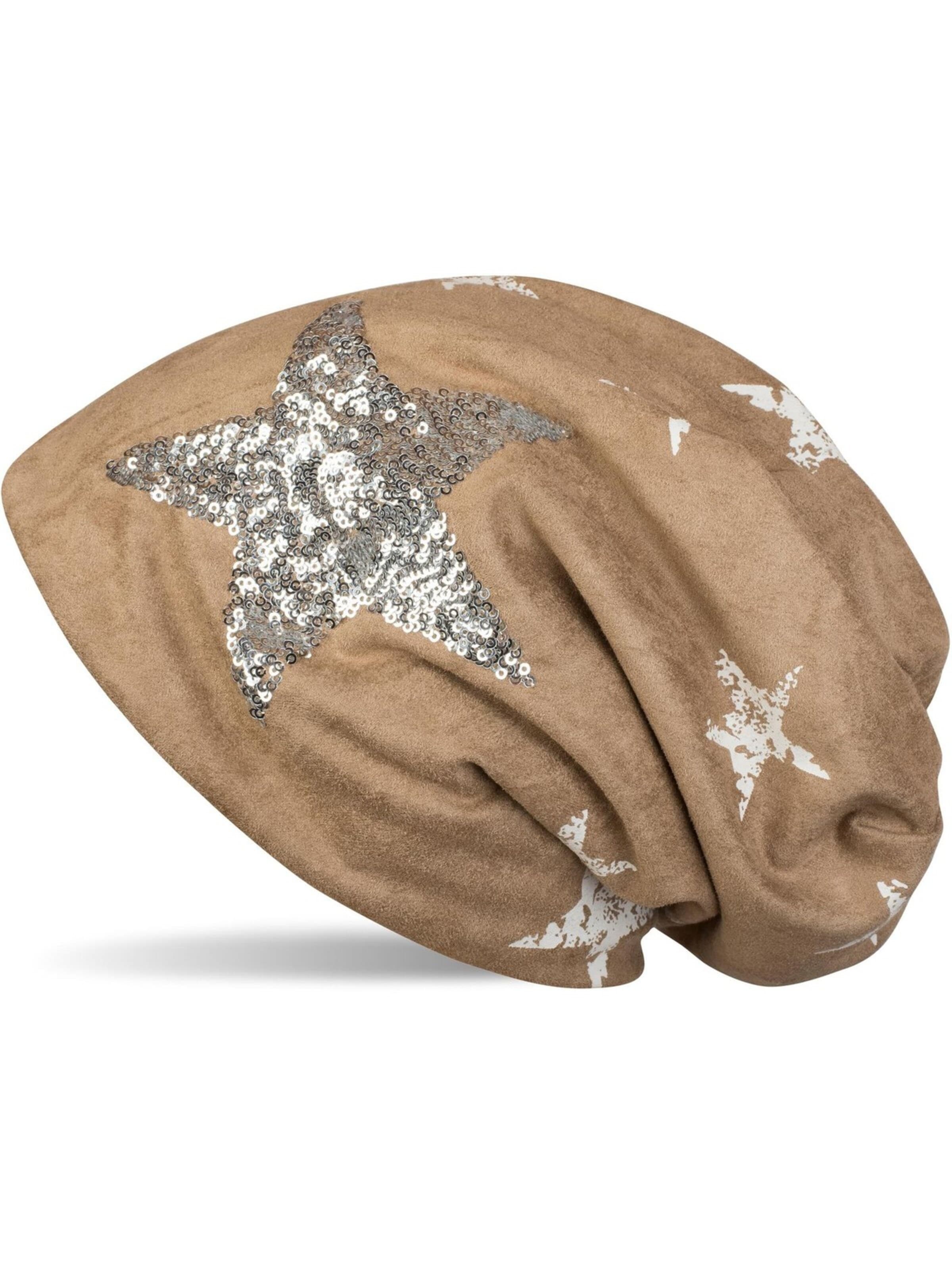 styleBREAKER Mütze 'Beanie in Veloursleder Optik mit Pailletten Stern'‌‌‌‌‌ in Braun: Vorderseite