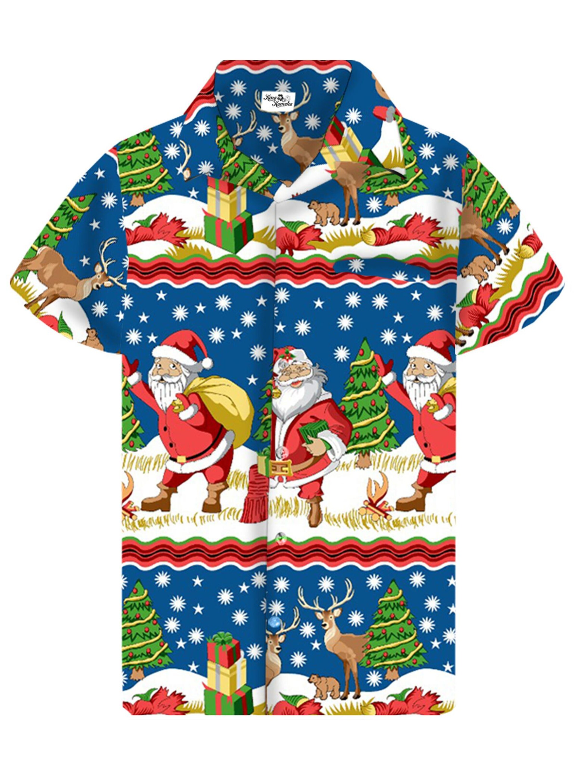 King Kameha Button Up Shirt 'Christmas Border Print' in Blue: front