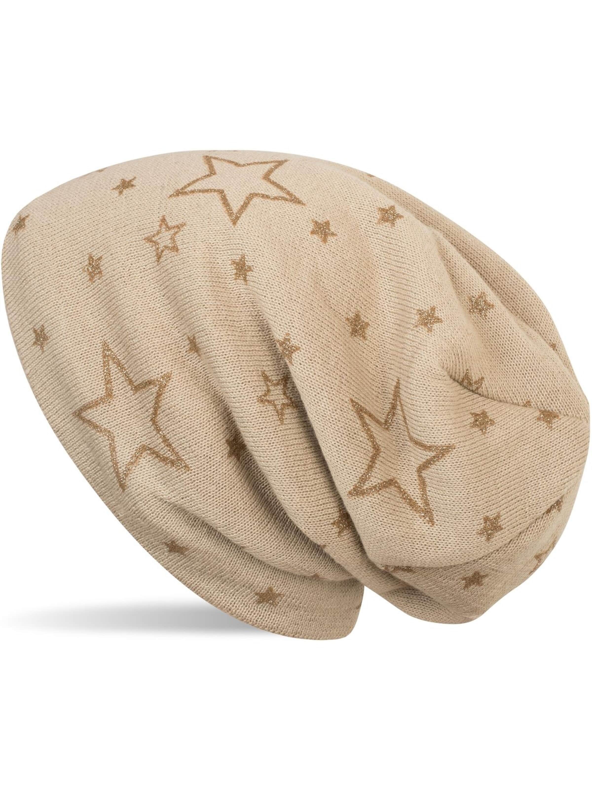 styleBREAKER Mütze 'Feinstrick Beanie mit Glitzer Stern Print'‌‌‌‌‌‌‌‌ in Beige: Vorderseite