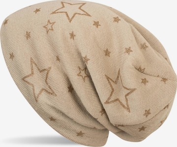 styleBREAKER Mütze 'Feinstrick Beanie mit Glitzer Stern Print' in Beige: Vorderseite
