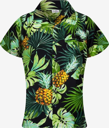 King Kameha Blouse 'Pineapple Leaves' in Black: front
