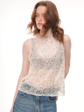 Camicia da donna 'All Over Sequin Rhinestone Mesh Sleeveless Top, Crew Neck Sheer Loose Fit Beaded Vest' di yoligex in bianco