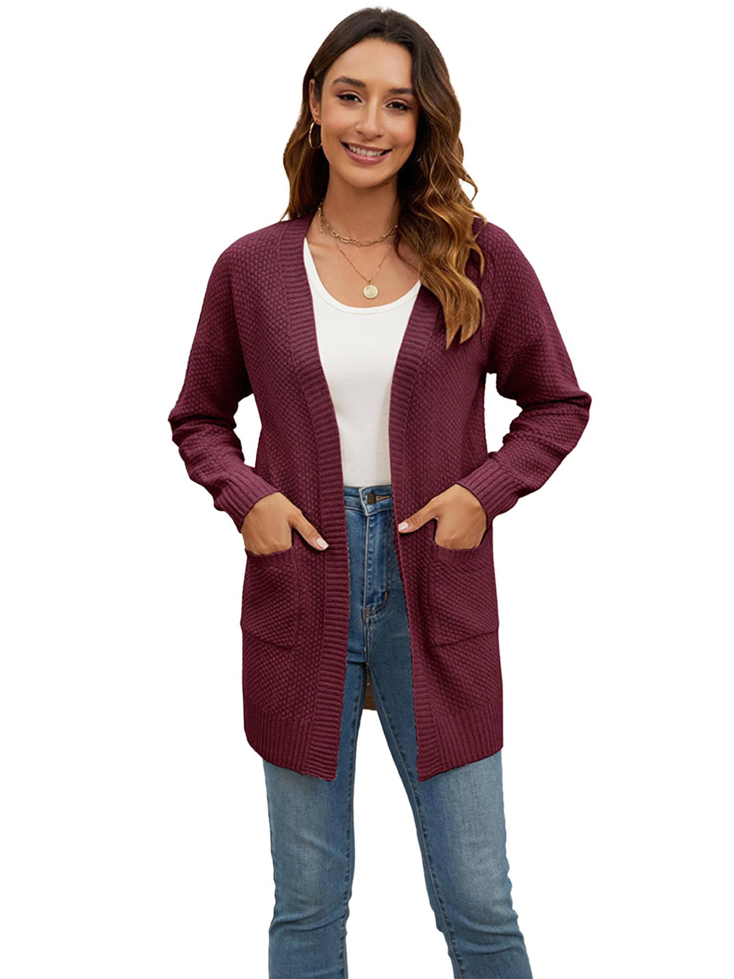 KoJooin Kardigan 'Damenmode Cardigan Pullover Leicht Offen Vorderseite Lang Lässig Strand Kimono Outfits mit Taschen' w kolorze czerwony: przód