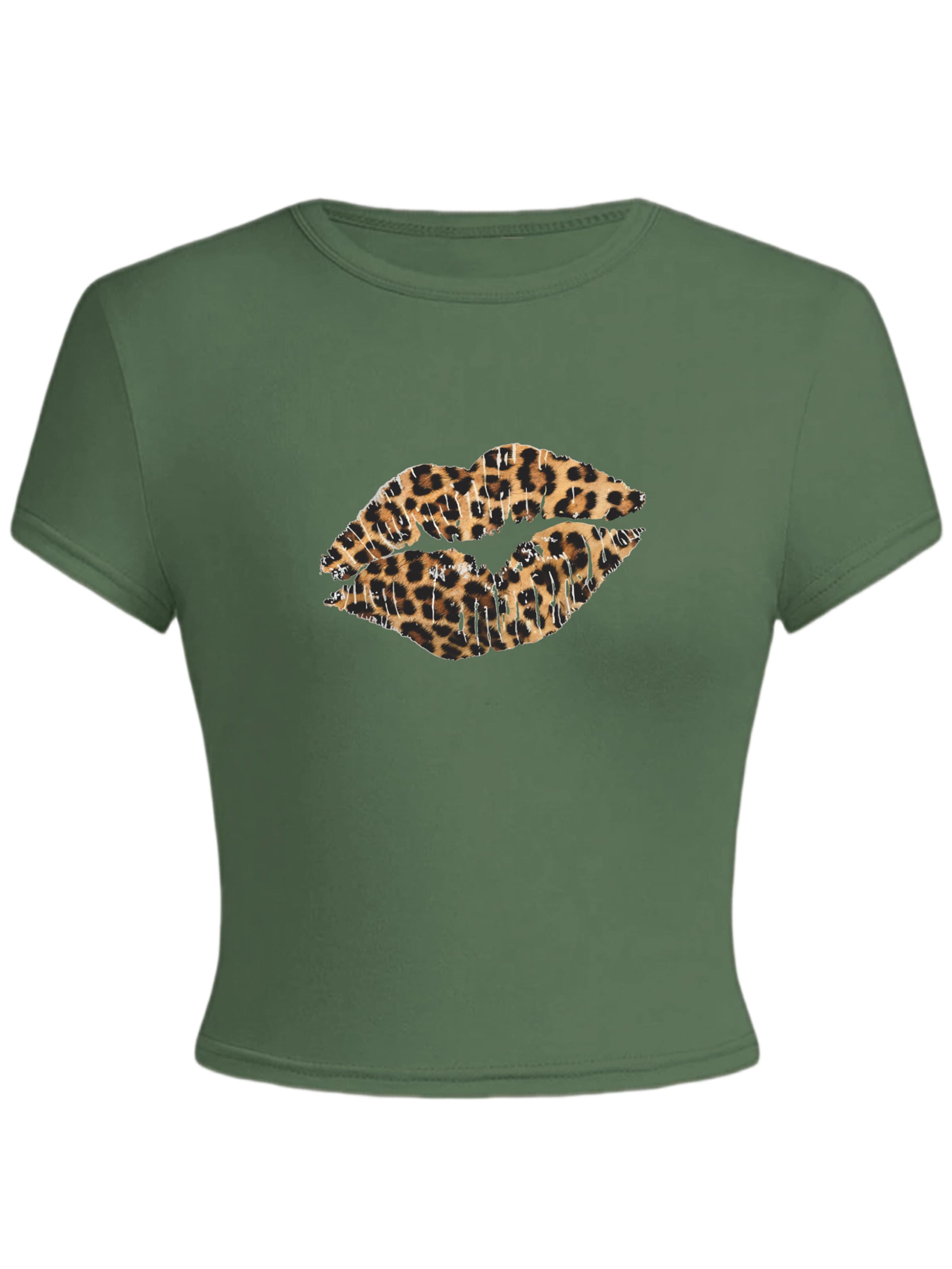 T-shirt 'Women's Casual Cotton Summer T-Shirt with Leopard Print lips' GORHEY en vert