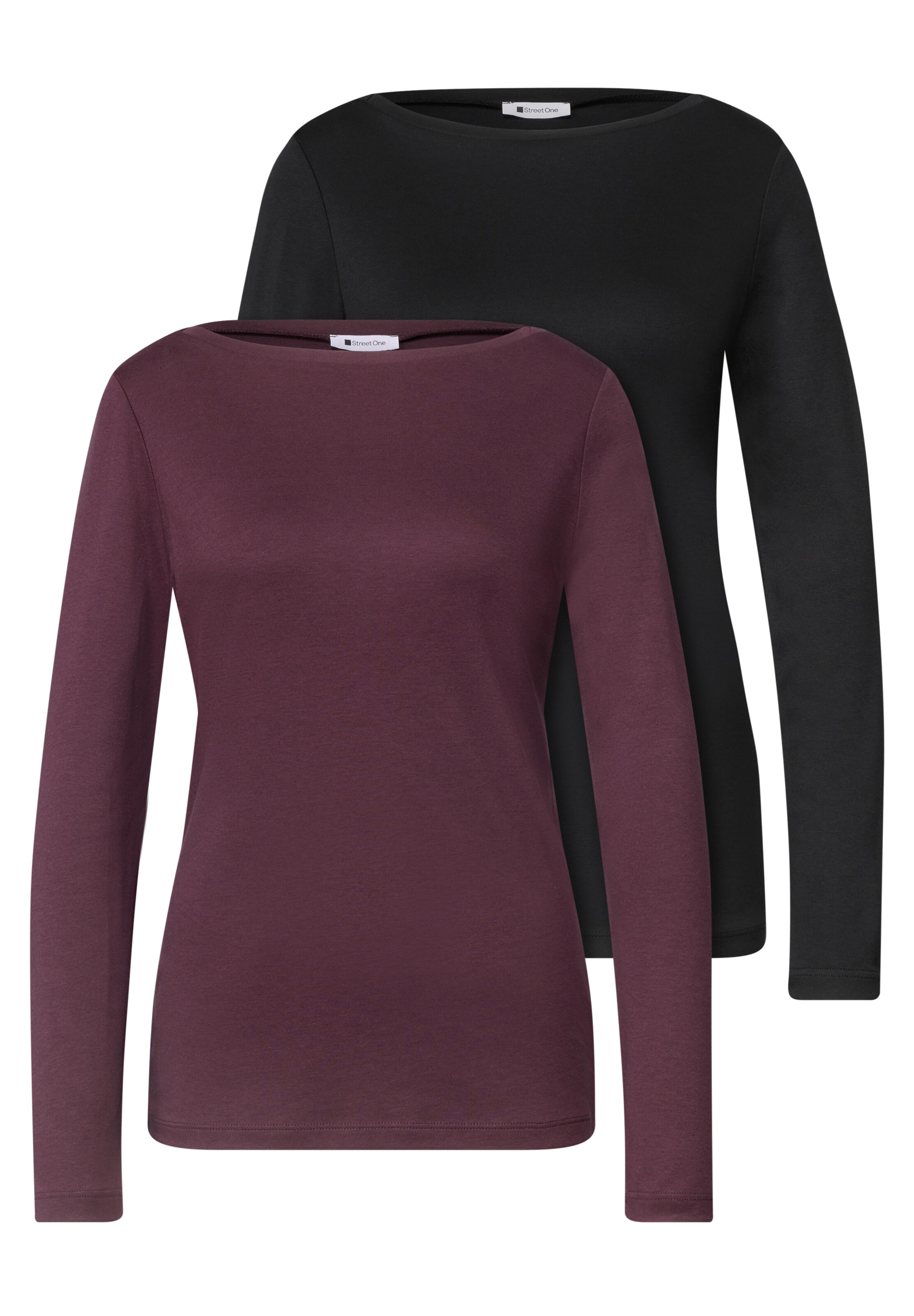 STREET ONE Langarm Shirts mit Boat Neck im 2er-Pack in XS in rot / schwarz, Produktansicht