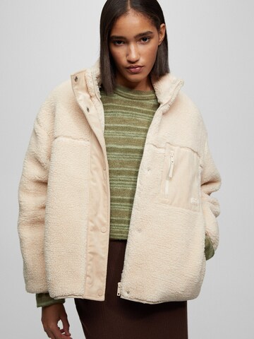 Pull&Bear Fleece Jacket in Beige: front