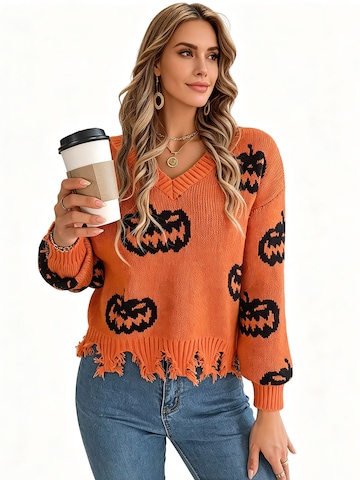 KoJooin Pullover 'Damen V-Ausschnitt Pullover mit Halloween-Kürbis-Motiv Farbkontrast,gestrickter Langarm-Pullover'‌‌‌‌‌‌‌‌‌ in Orange