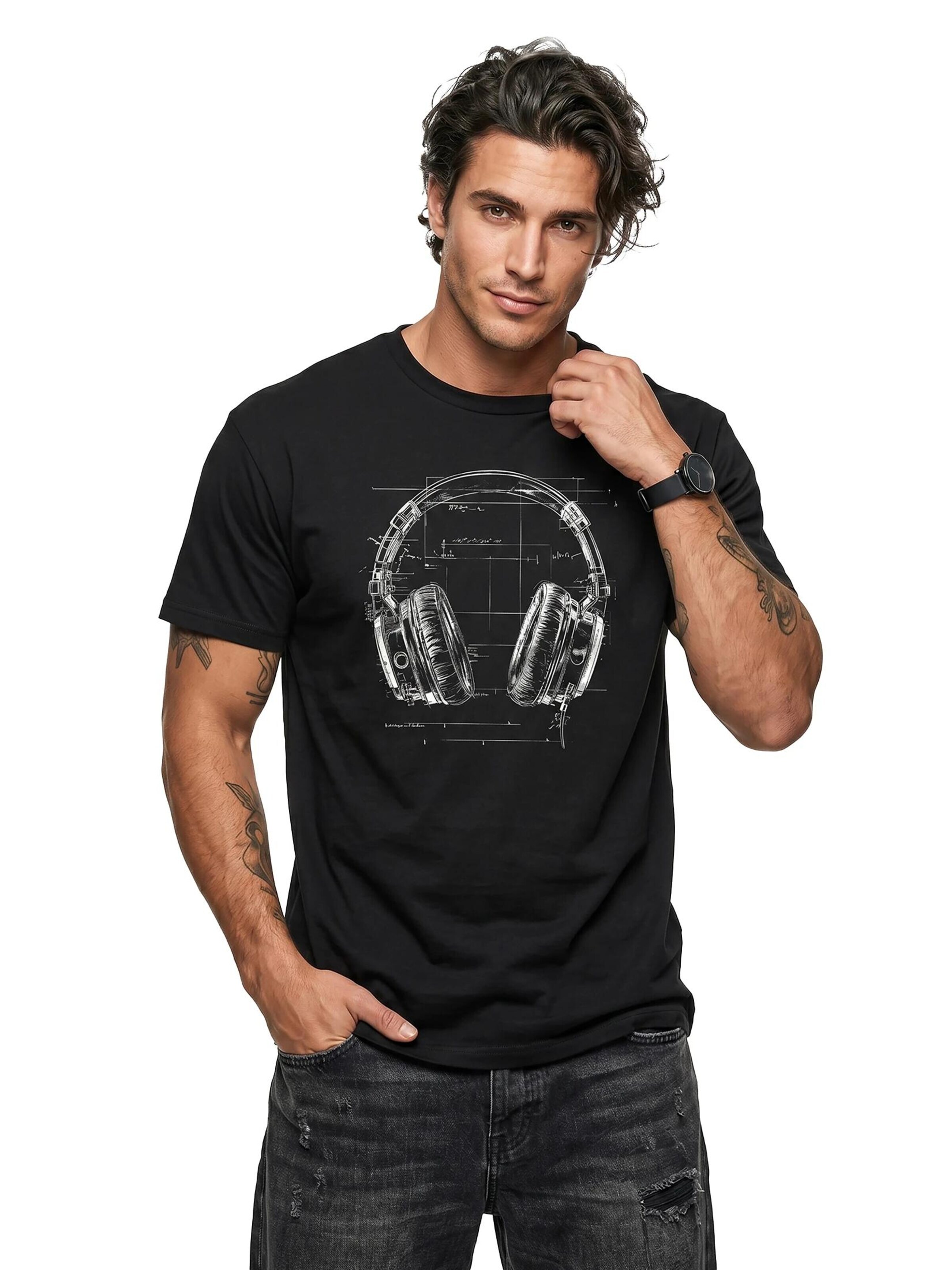 MAKAYA Shirt 'Blue Print Headphone' in Black